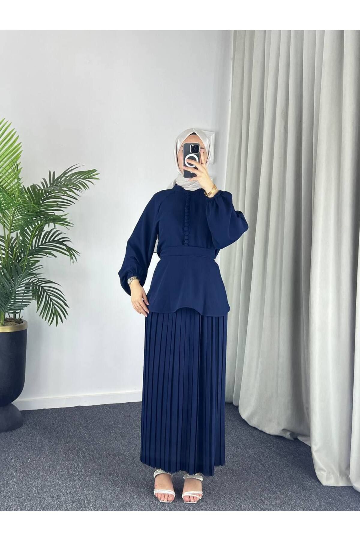 Esre Store 4532 - Krep Tesettür İkili Takım Lacivert