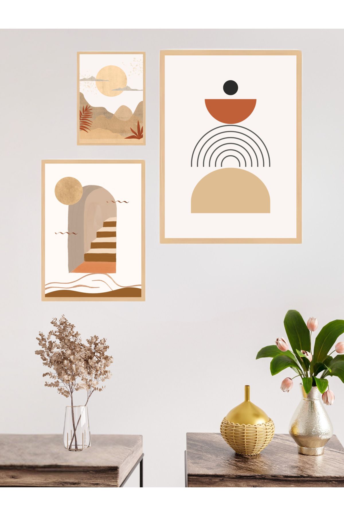 woodhomeworks 3'lü Set Doğal Ahşap Çerçeveli Tablo Seti Qkyr51