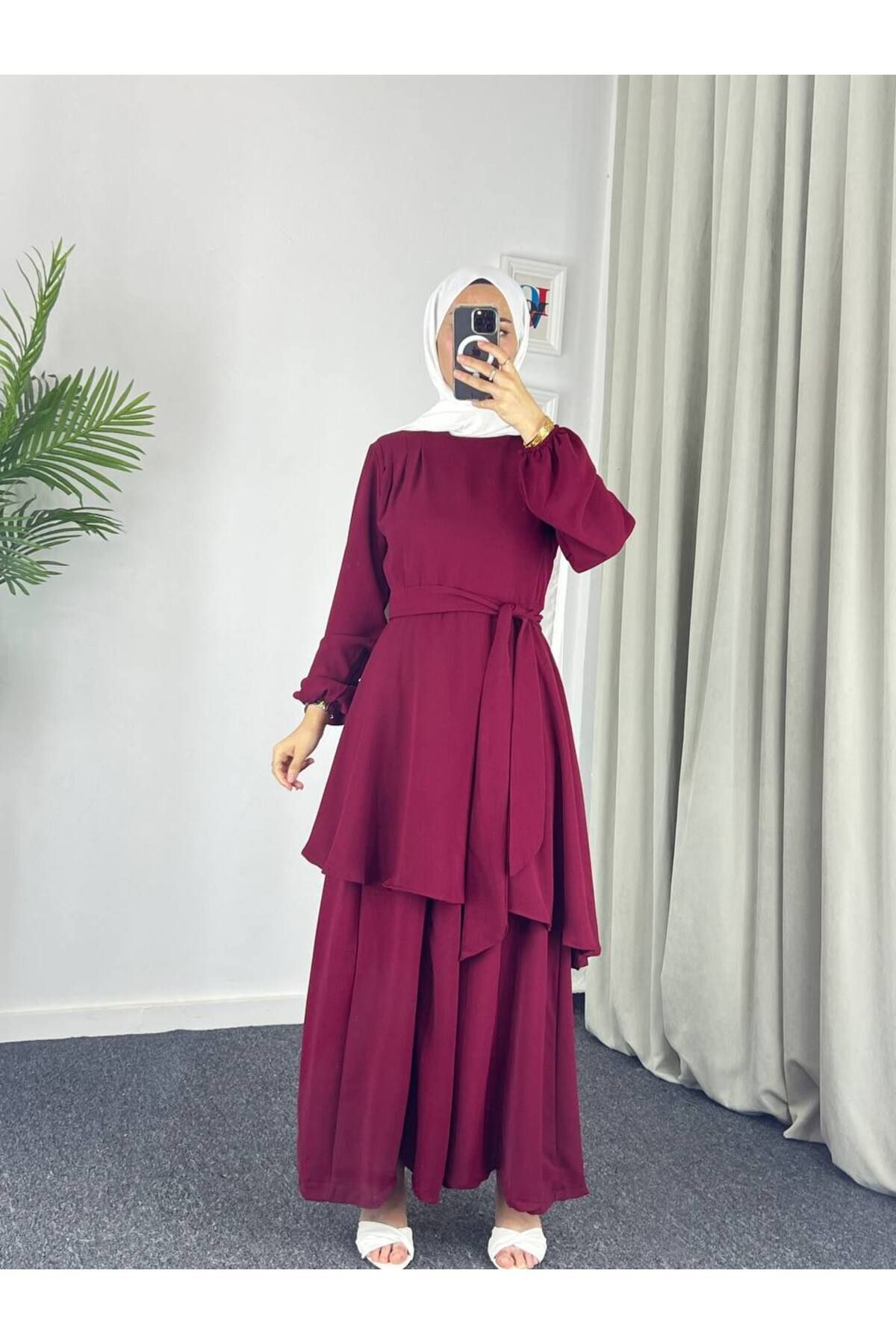 Esre Store 4523 - Bol Paça Pantolon - Tunik Takım Bordo
