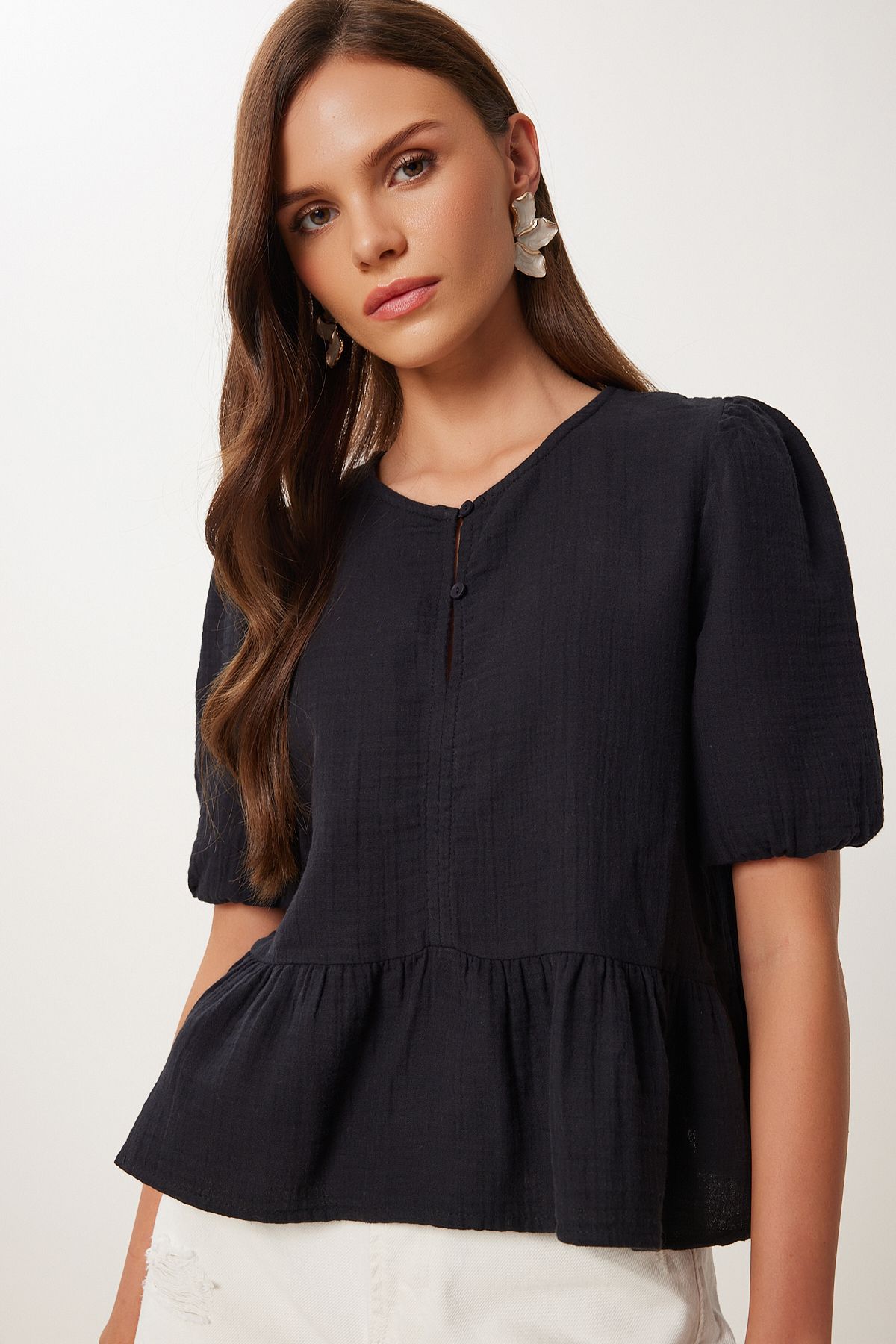 Lovelyİstanbul Volanlı Müslin Bluz SİYAH LMX0091