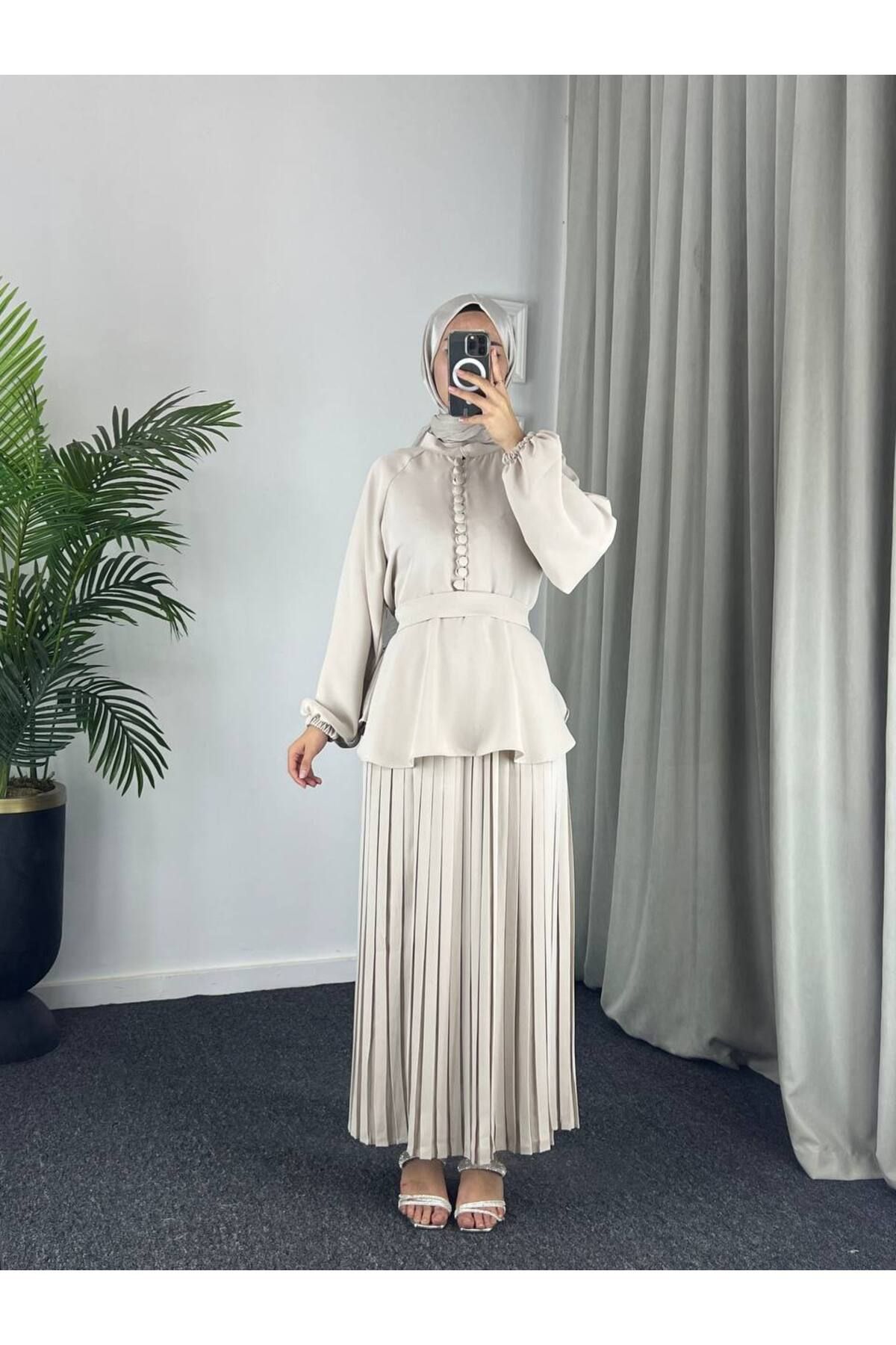 Esre Store 4532 - Krep Tesettür İkili Takım Bej
