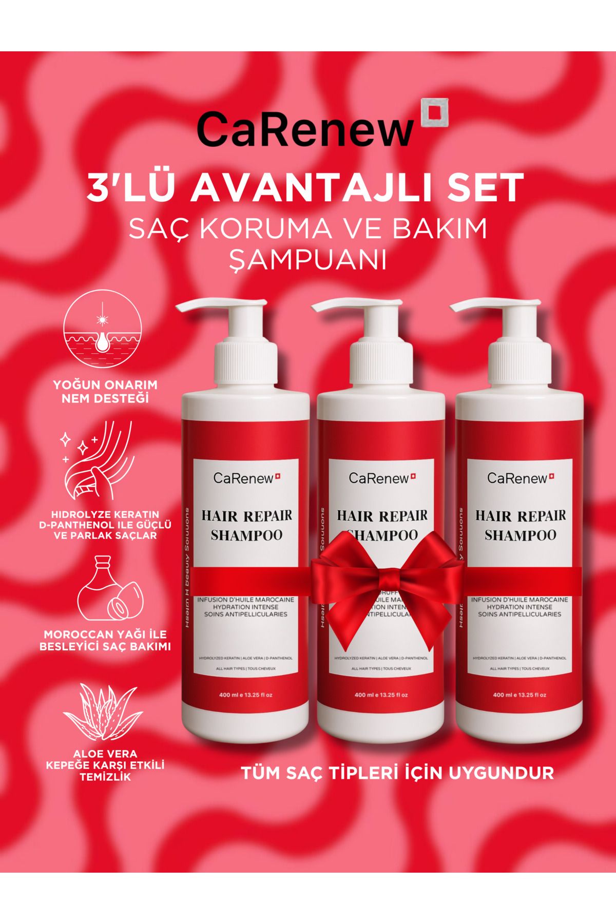CaRenew 3'lü Avantajlı Şampuan Seti Moroccan Yağı, Keratin ve Aloe Vera İçerikli Saç Onarıcı Şampuan Seti