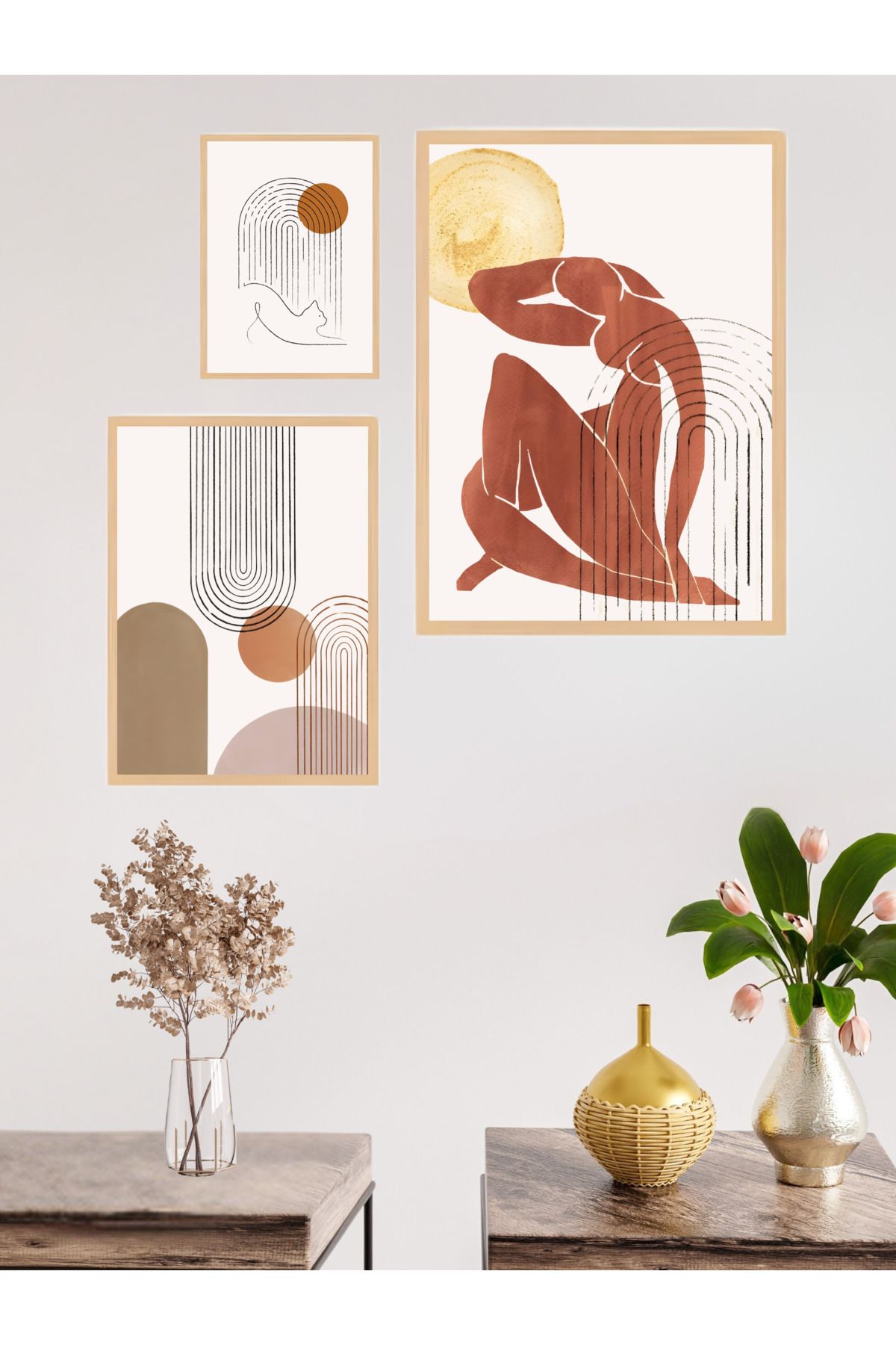 woodhomeworks 3'lü Set Doğal Ahşap Çerçeveli Tablo Seti Qkyr51