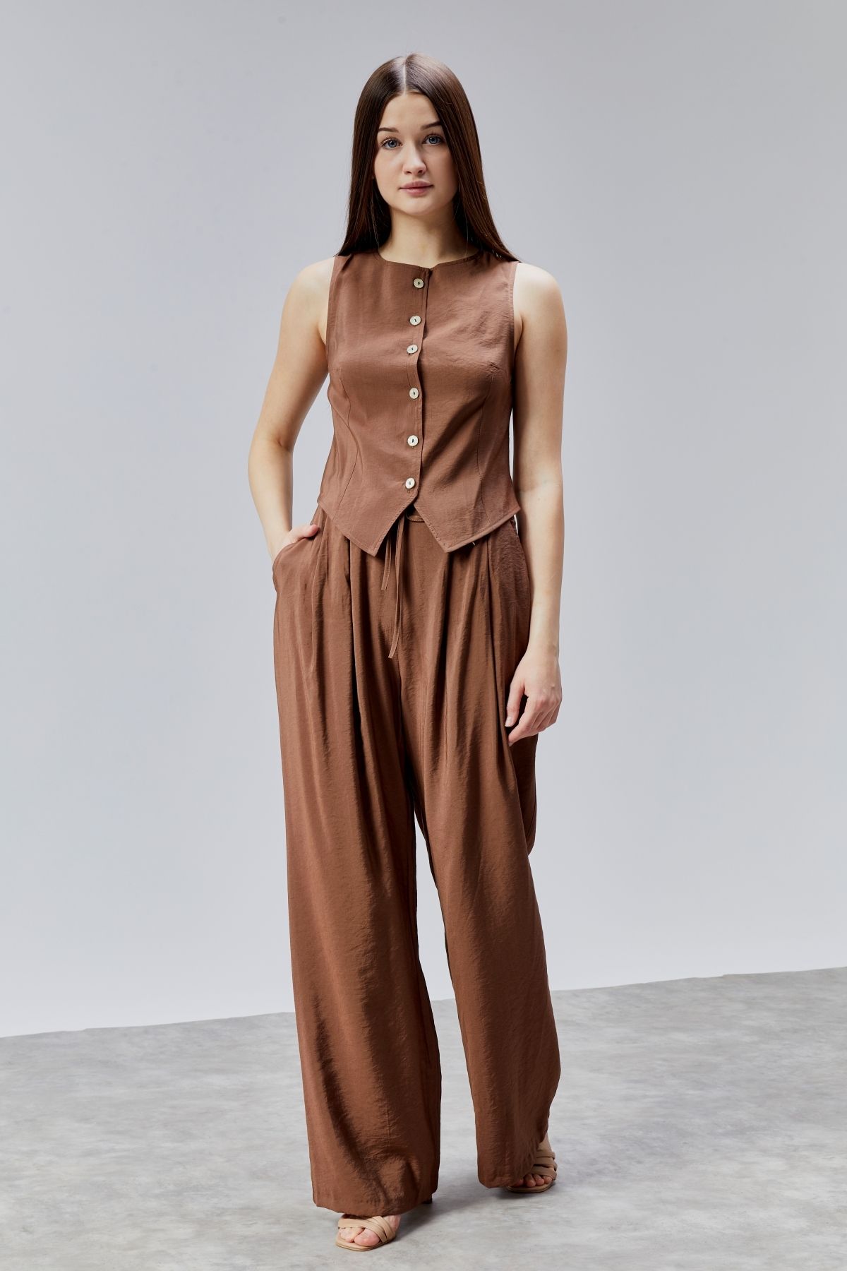 DEDAR Tekstil Yelek Ve Wide Leg Pantolon Dokuma Alt-Üst Takım