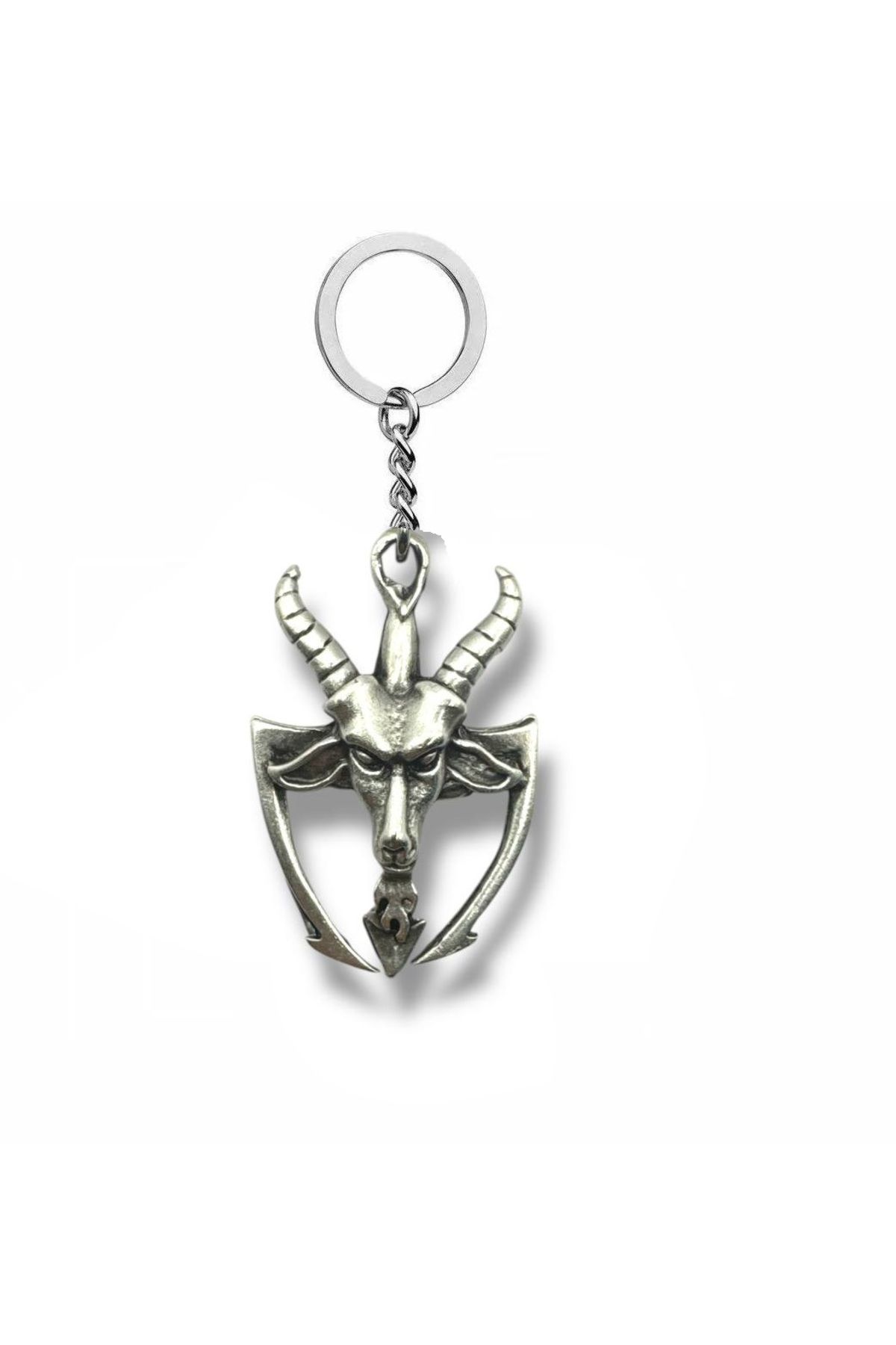 Herşey Nota Pagan Keçi Şeytan Figürlü Gümüş Renk Unisex Metal Anahtarlık – Gotik ve Alternatif Aksesuar