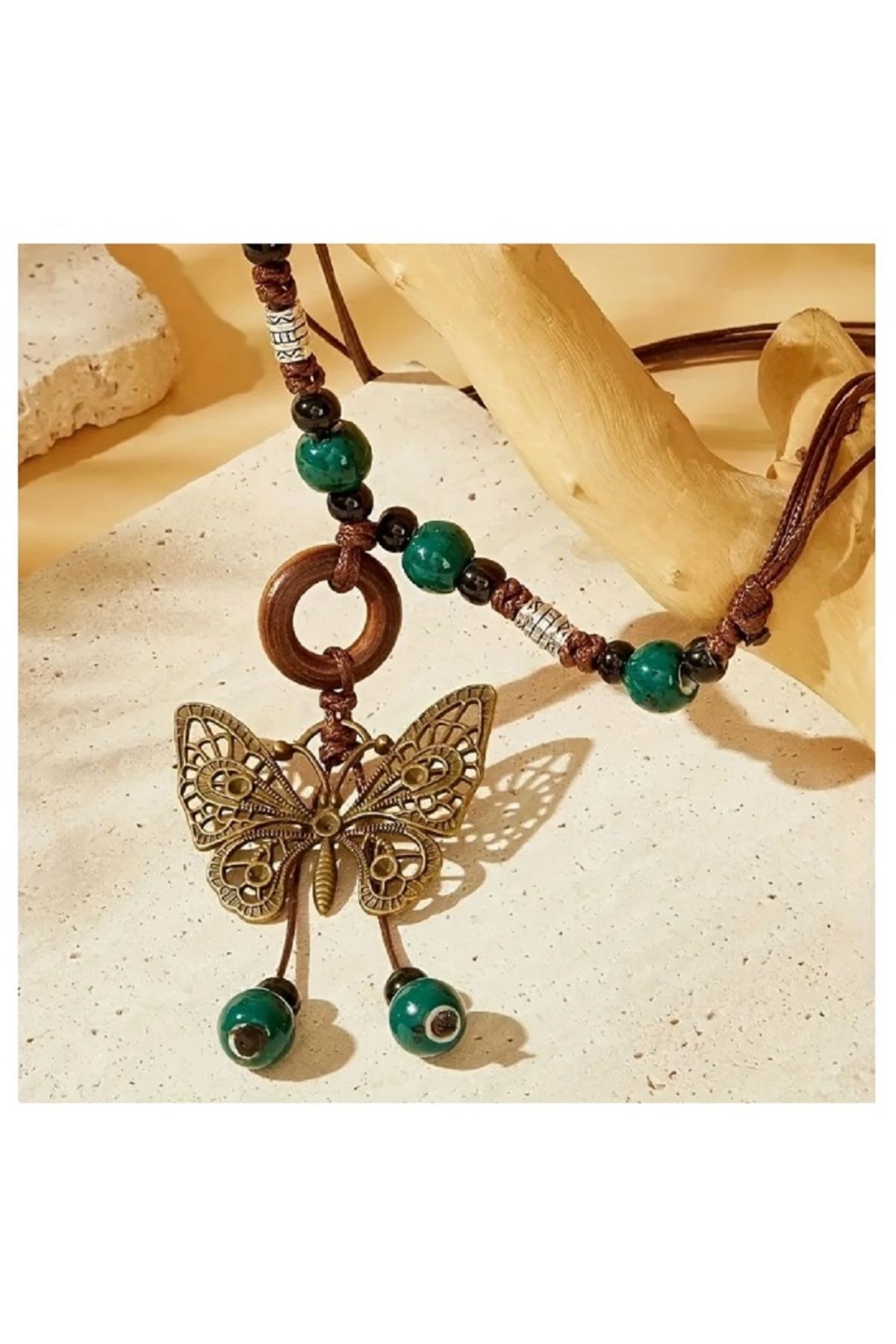 orco VİNTAGE KAZAK ZİNCİR TURKUAZ YEŞİL BONCUK UACIFE BOHO AHŞAP KOLYE