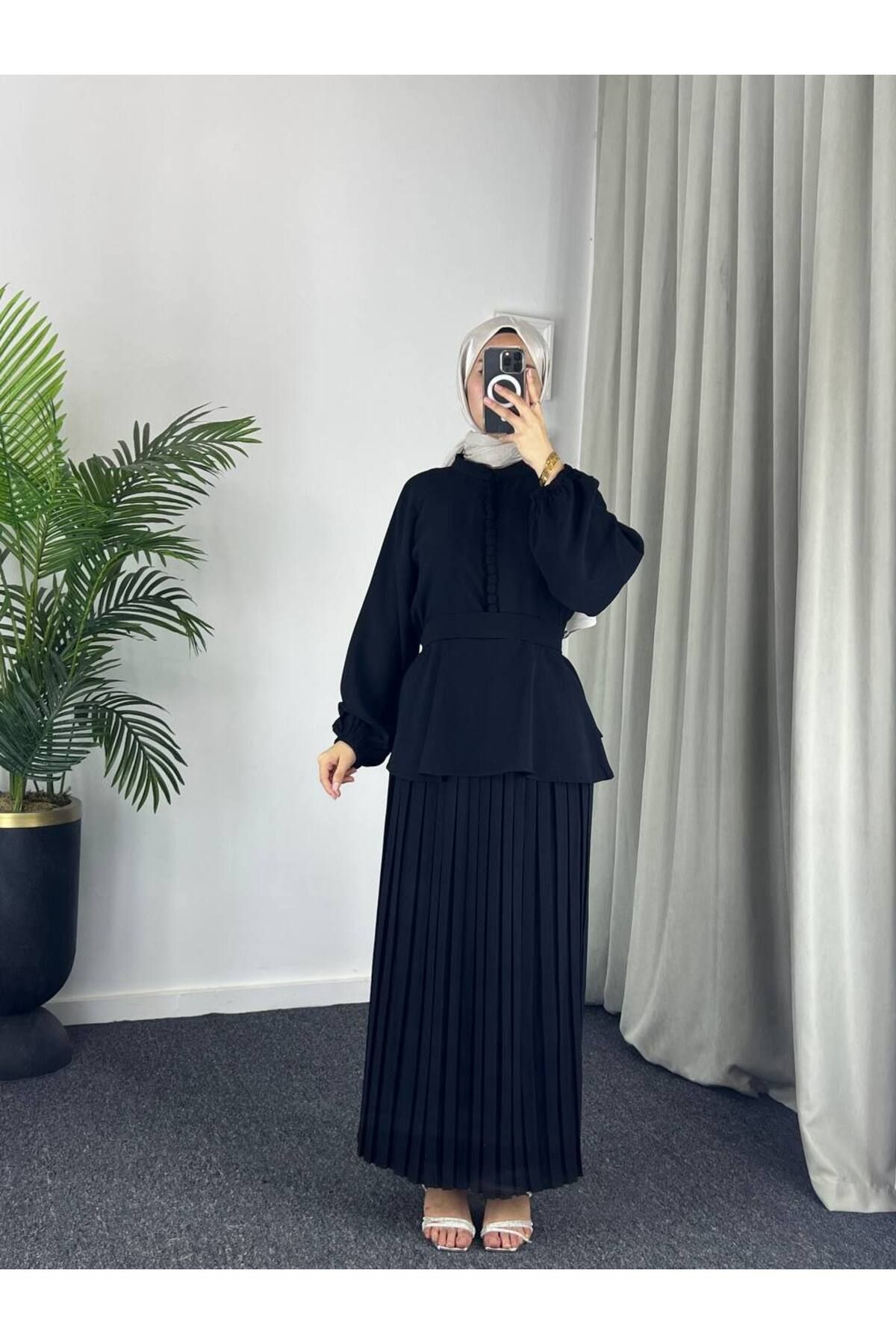 Esre Store 4532 - Krep Tesettür İkili Takım Siyah