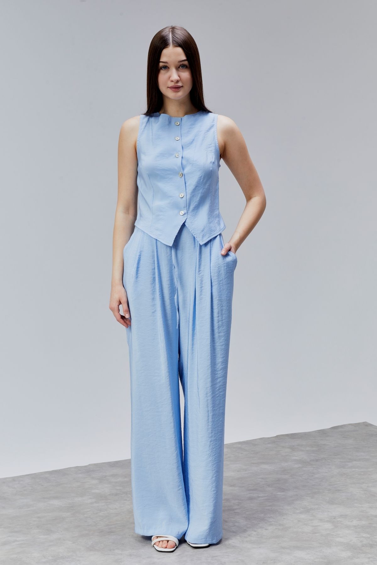 DEDAR Tekstil Yelek Ve Wide Leg Pantolon Dokuma Alt-Üst Takım