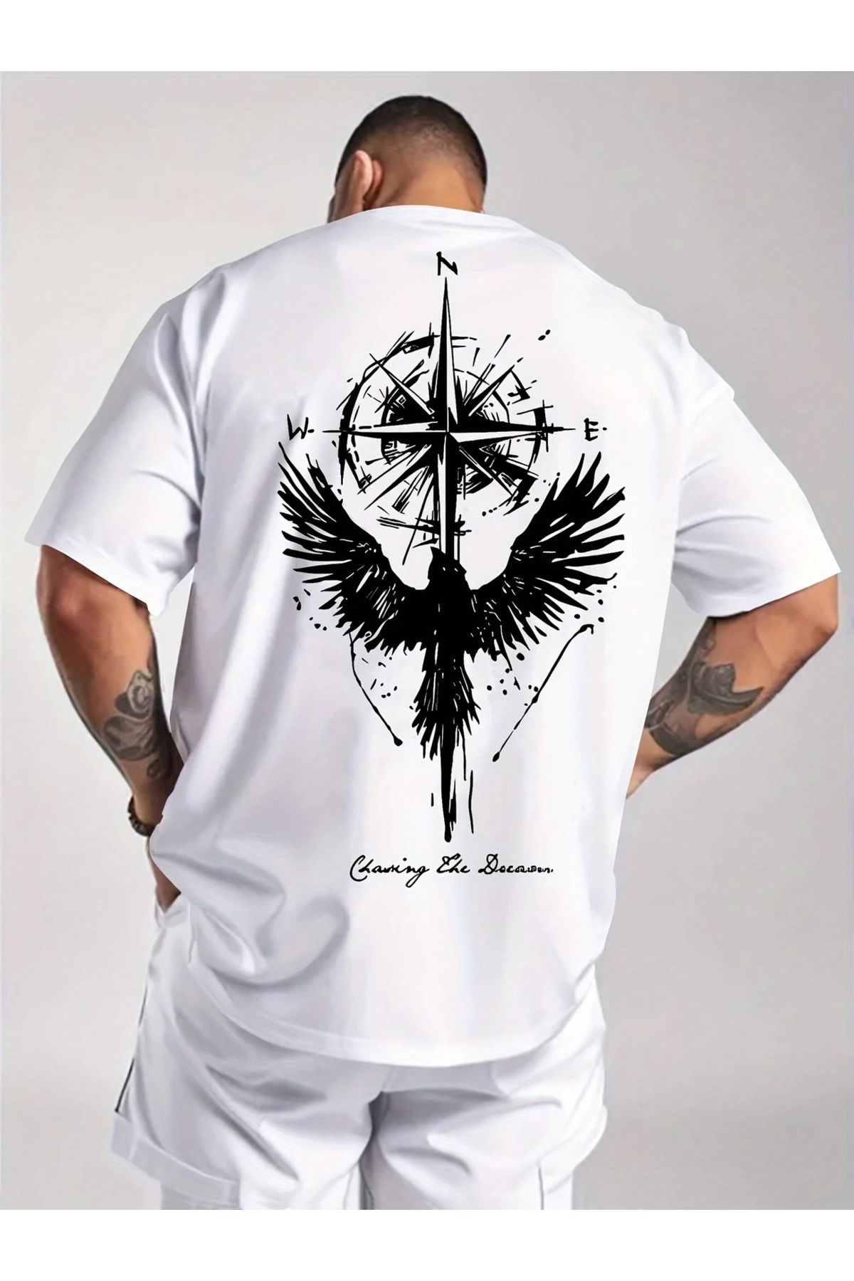 LAND MODA Erkek Casual Crew Neck T-Shirt, Yaz Kısa Kollu Baskı Polyester Örgü Kumaş, Hafif Esnek,