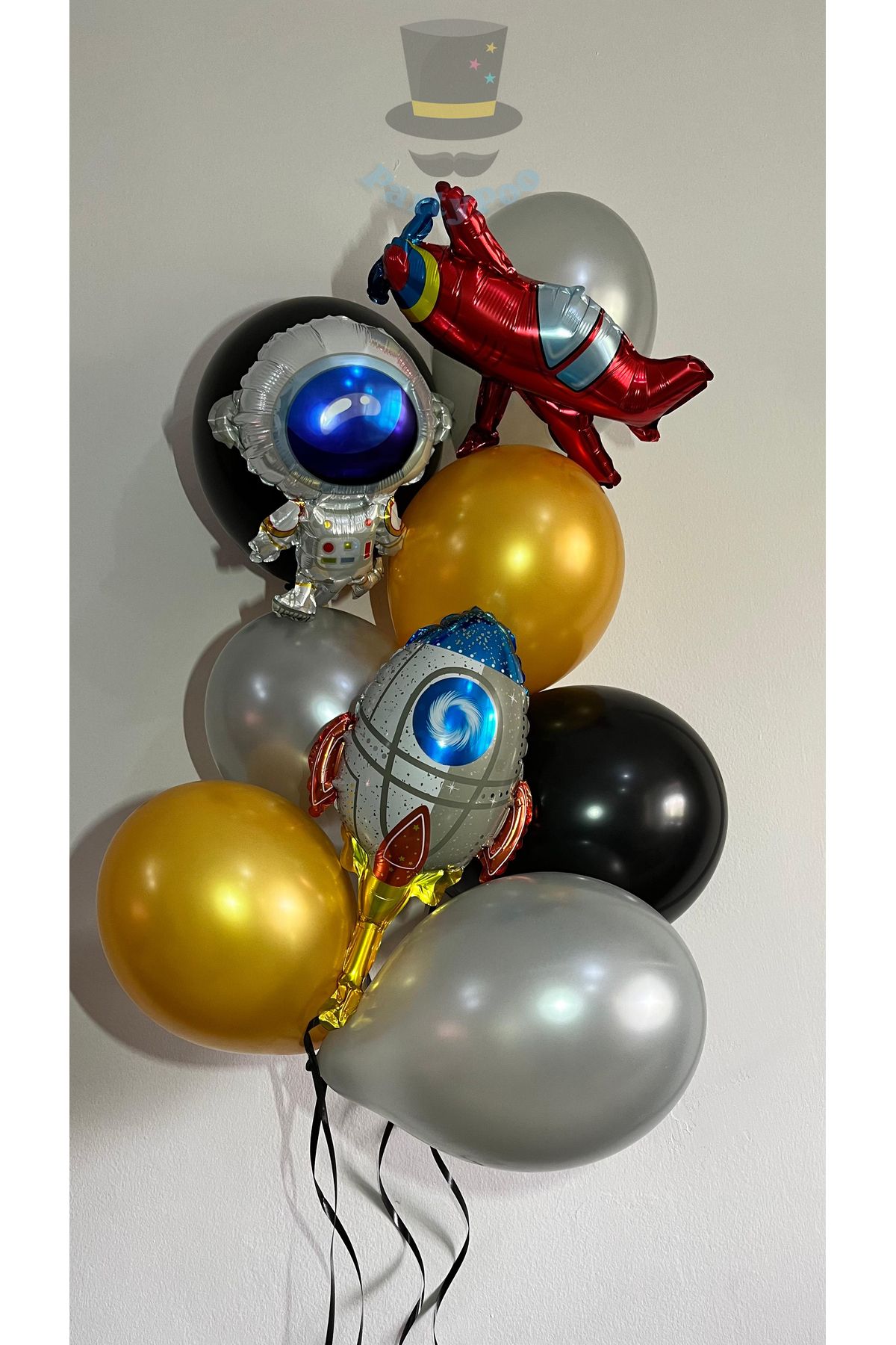 PartyPoo Metalik Gümüş Kalp Folyo ve Uzay Konseptli 3'lü Folyo Balon Seti Doğum Günü Parti Folyo 12 Parça