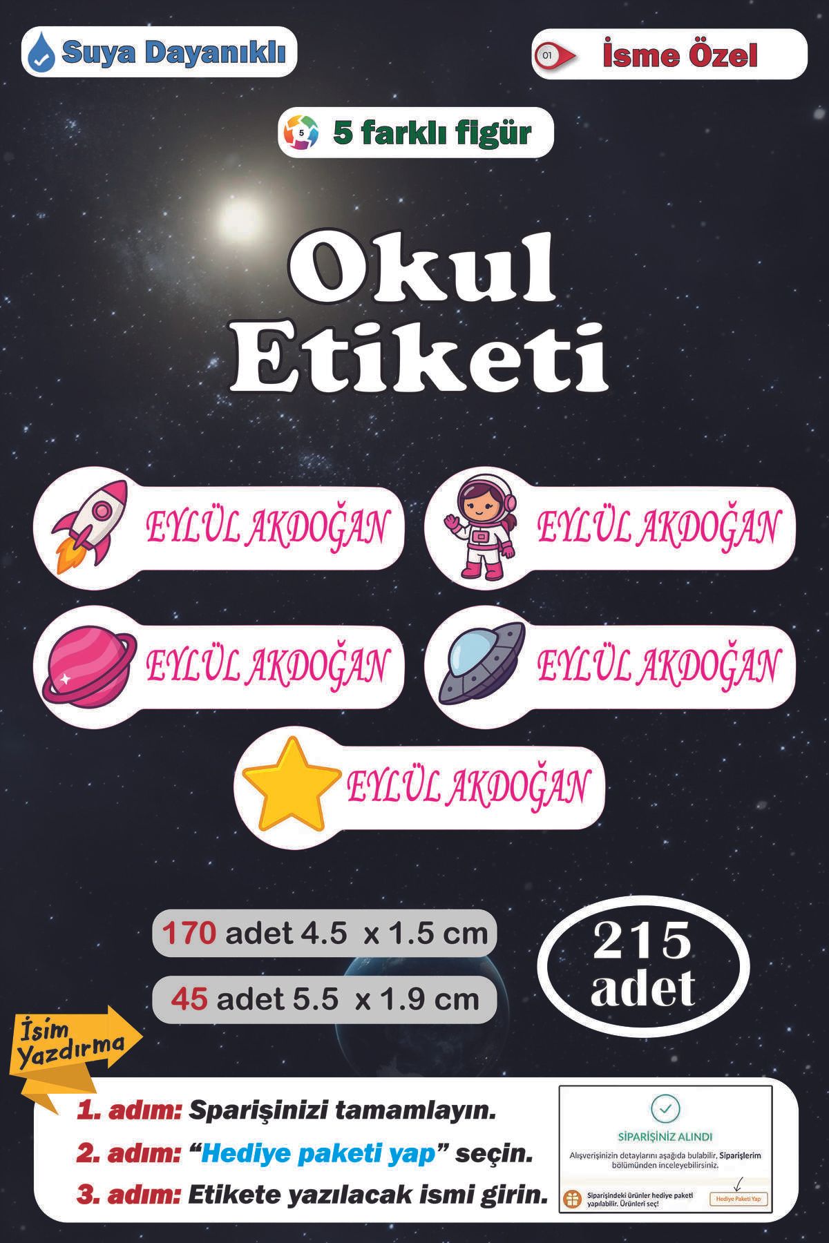 GSticker Premium Kalite Kişiye İsme Özel İsimli Defter Kalem Okul Etiketi Anaokulu Kreş İsim Etiket Seti