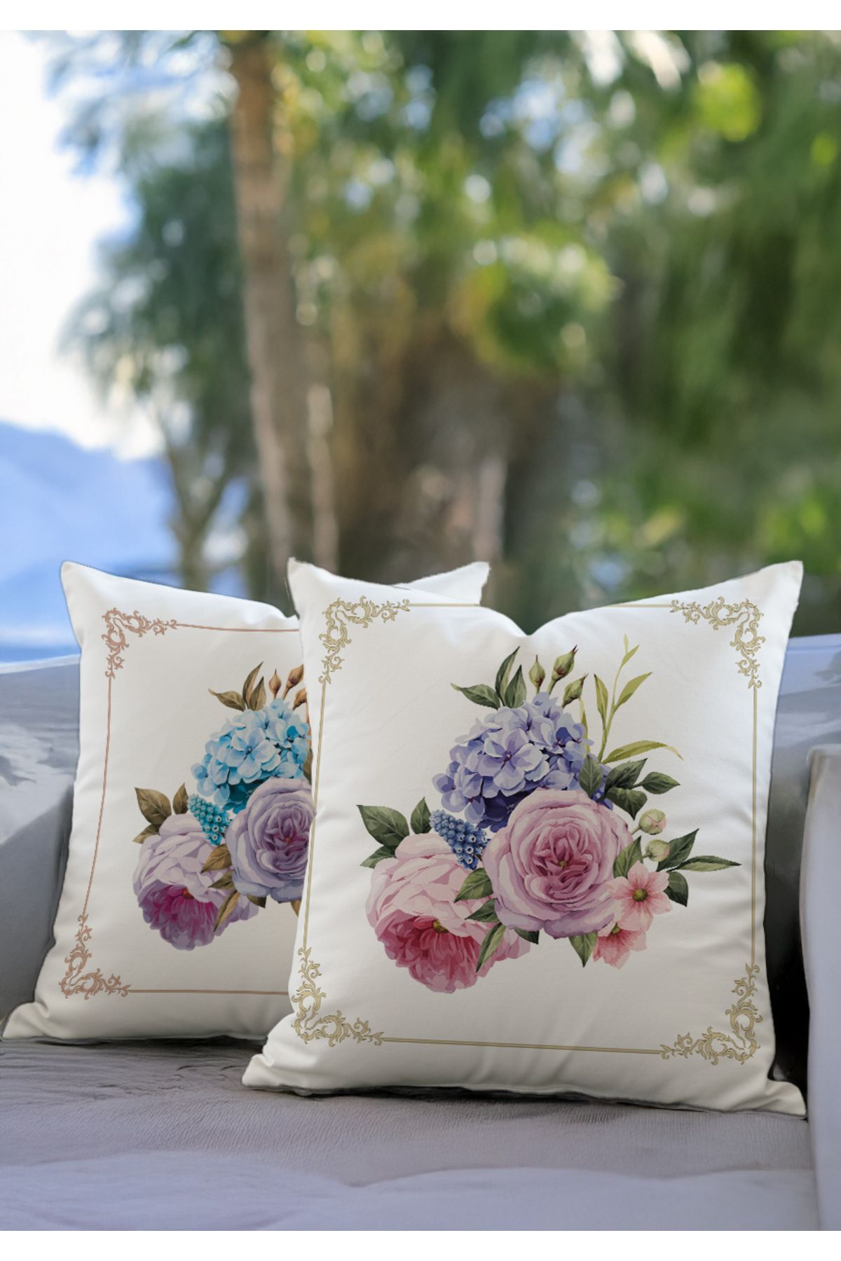 Pillow Home Beyaz Zemin Pembe Mor Çiçek Desenli Dijital Baskılı Dekoratif 2li Kırlent Kılıfı Seti