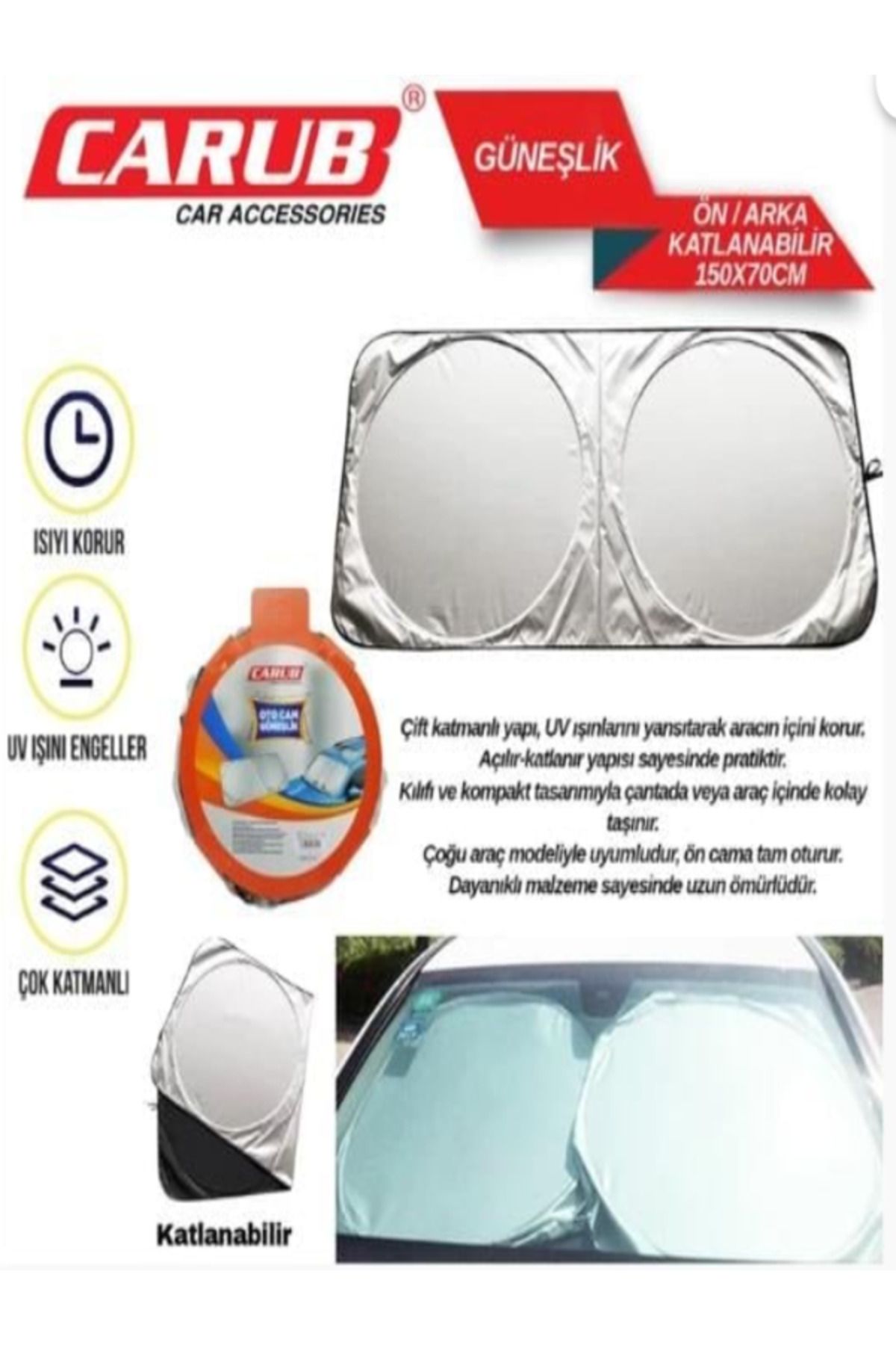 MOTTOMOR OTO GÜNEŞLİK ÖN ARKA KATLANIR YUVARLAK ARABA 150CMX70CM