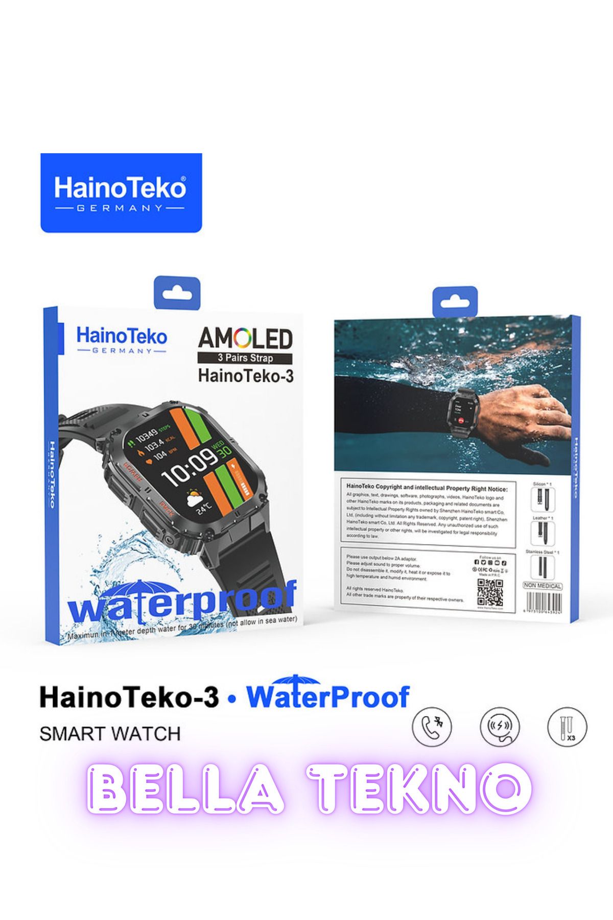 BellaThec Haino Teko-3 IP68 Suya Dayanıklı AMOLED Ekranlı Erkek Akıllı Saat 3 Kordon