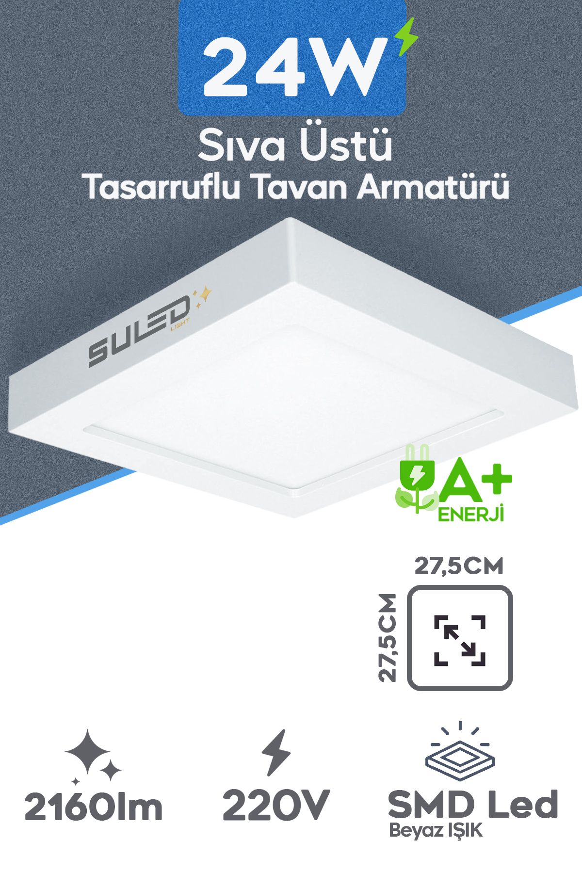 SULED Sıva Üstü Kare Led Armatür 24 Watt SMD 6500k Beyaz Led Tavan Aydınlatması Ev Ofis Işyeri Atölye