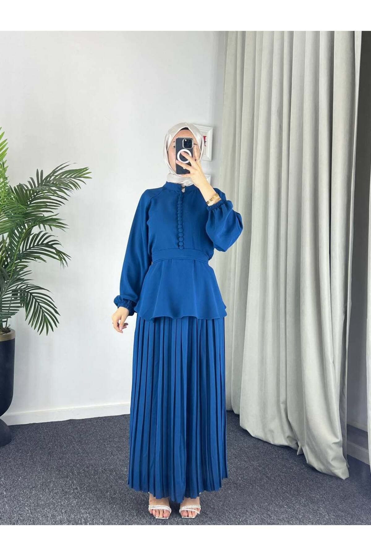 Esre Store 4532 - Krep Tesettür İkili Takım Mavi