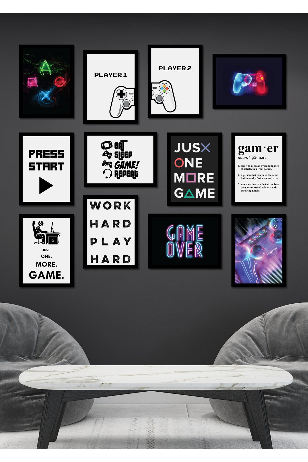 NT Handmade Siyah Çerçeve Görünümlü Gamer Duvar Dekoru Salon Oturma Yatak Çocuk Oyun Odası Tablo Seti