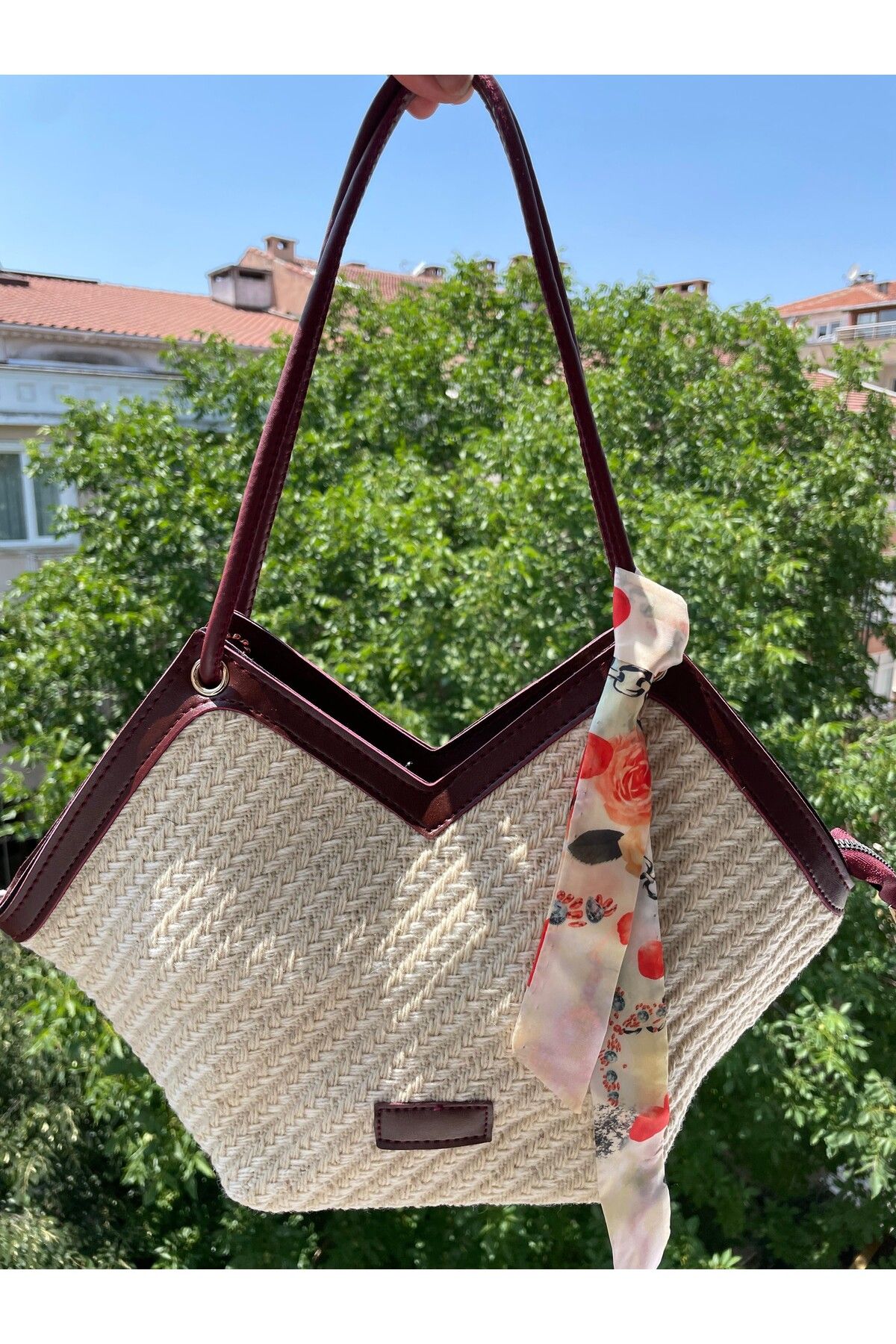 MODA LİMONBAGG YENİ SEZON FULAR VE HASIR DETAYLI KADIN OMUZ ÇANTASI