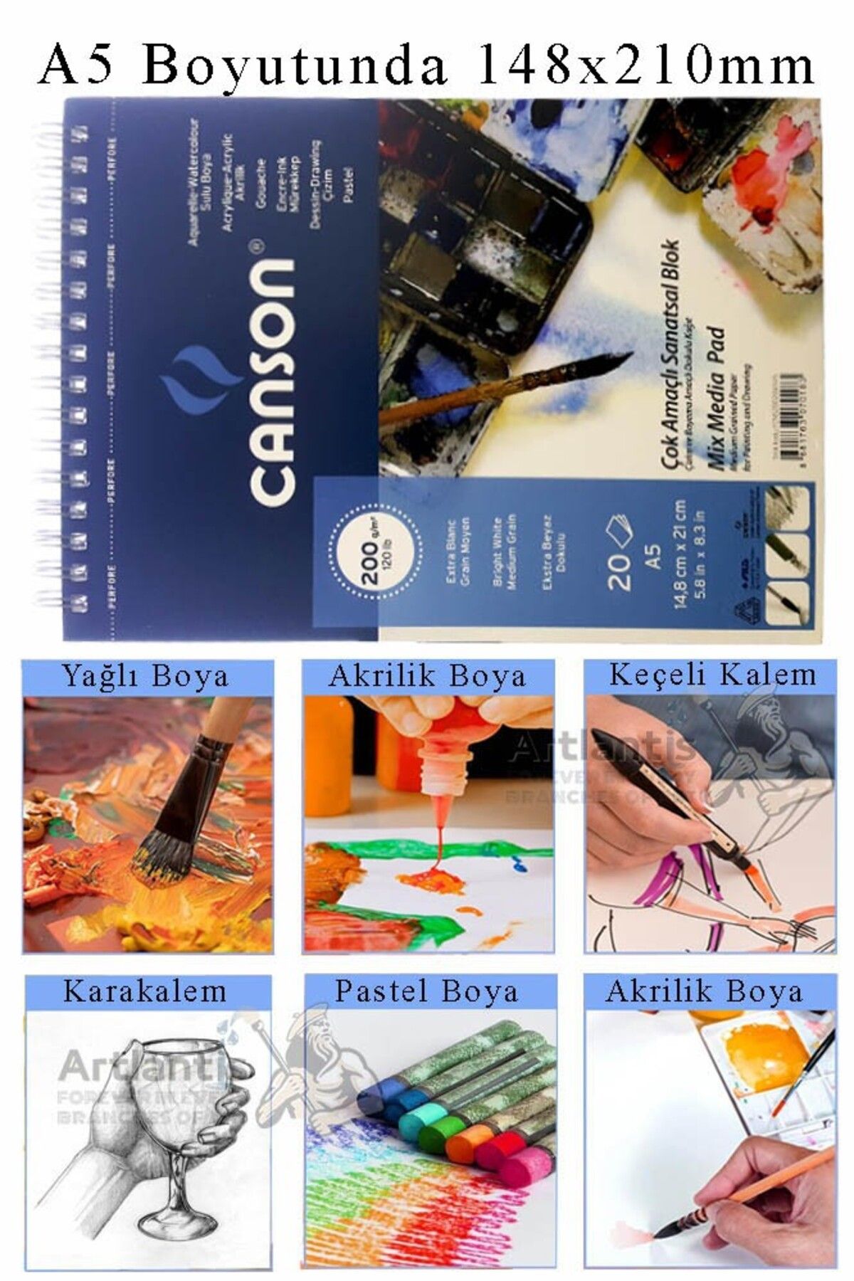 Artlantis Çok Amaçlı Sanatsal Blok A5 148x210 mm 200 gr 20 Yaprak 1 Adet Canson Resim Defteri Akrilik Yağlı Gu