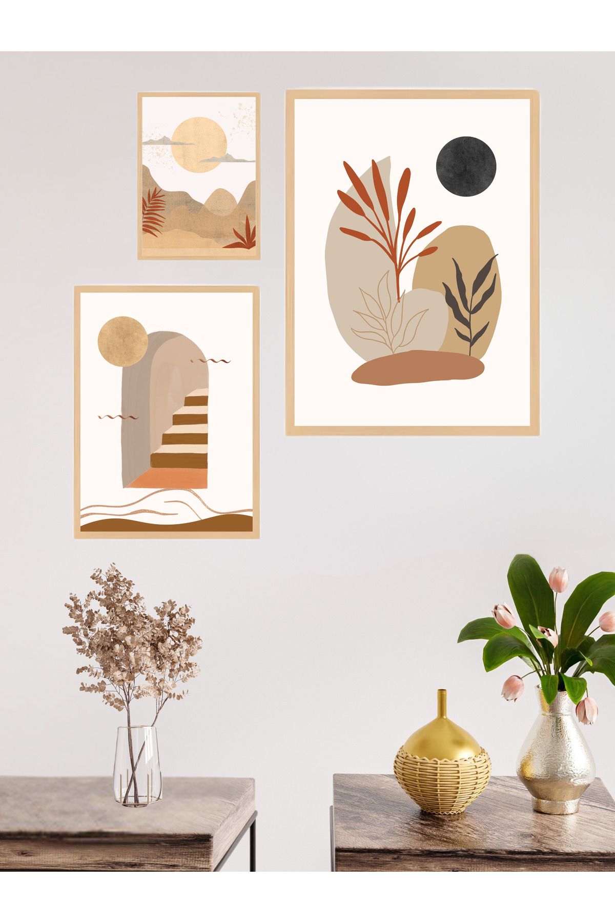 woodhomeworks 3'lü Set Doğal Ahşap Çerçeveli Tablo Seti Qkyr51