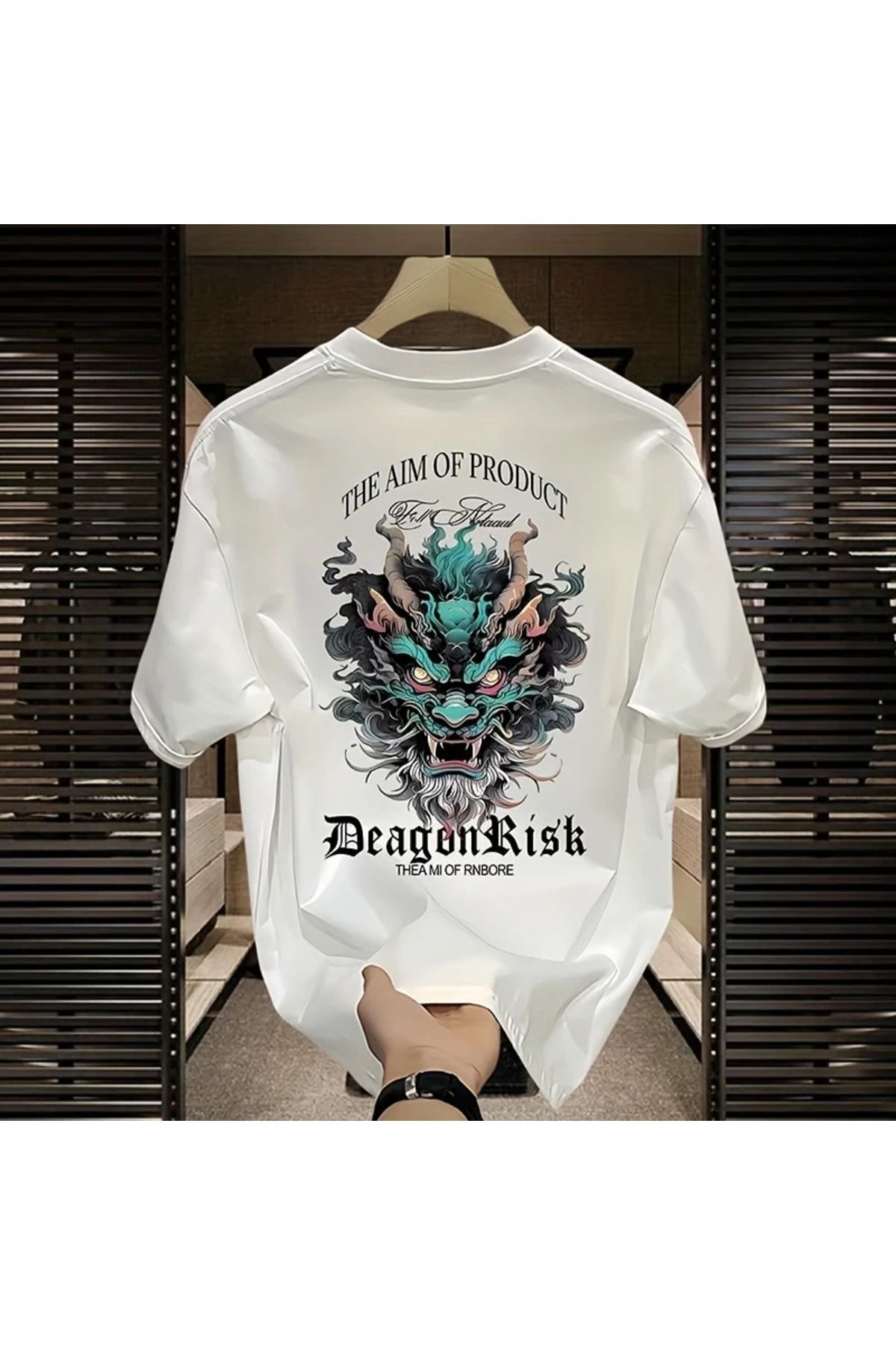 LAND MODA Erkekler için Ağır Ağırlıkta %100 Pamuklu Grafikli Tişört - Ejderha ve Harf Baskılı Sokak