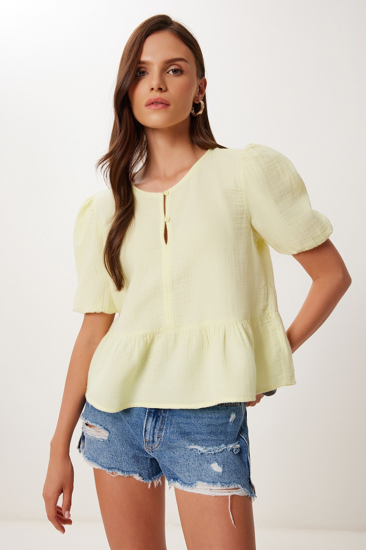 Lovelyİstanbul Volanlı Müslin Bluz SARI LMX0091