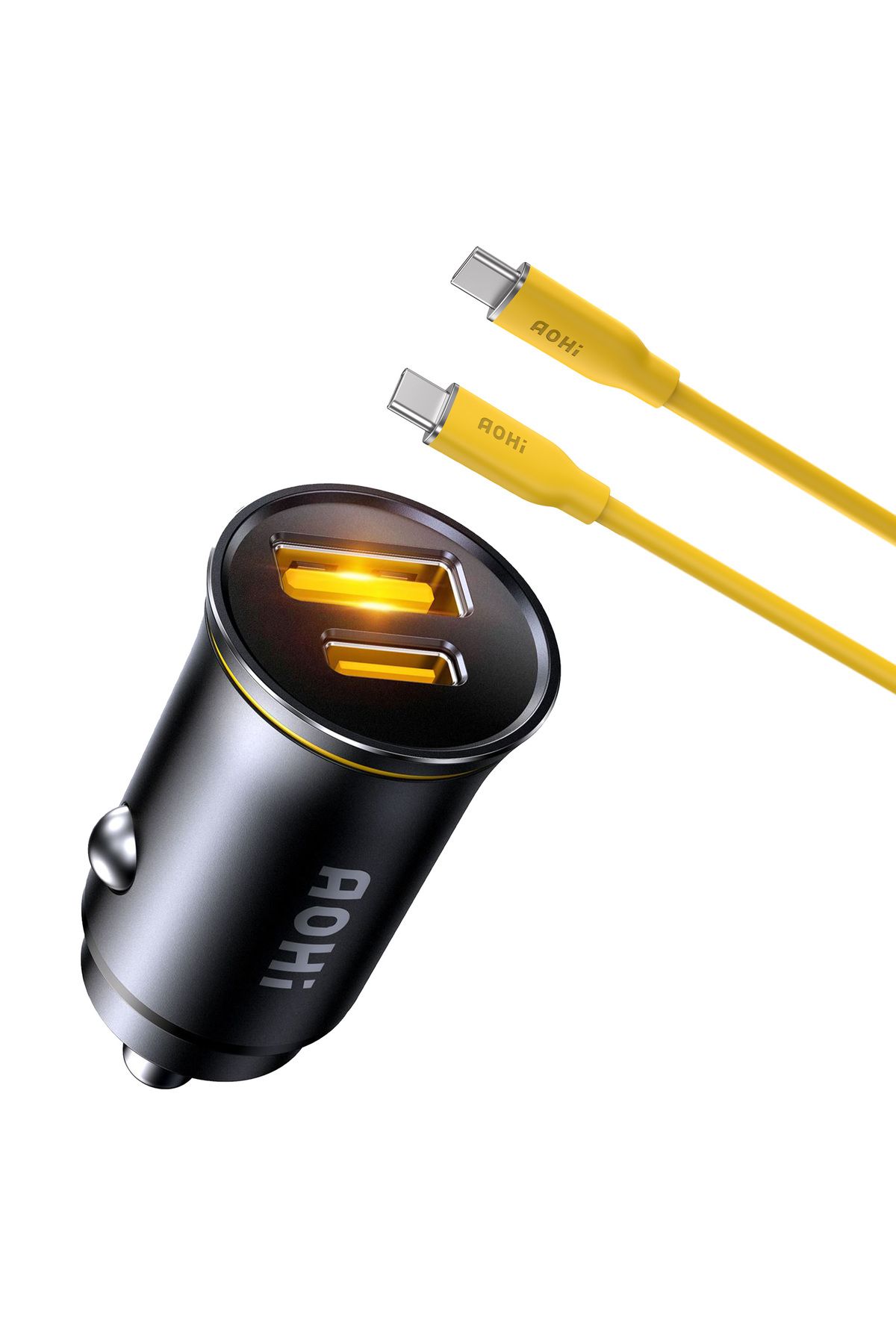 Aohi Araç İçi 2 Portlu 65W Şarj Cihazı, 140W 1m PD 3.1 480Mbps Süper Hızlı Şarj/Data Kablosu Seti