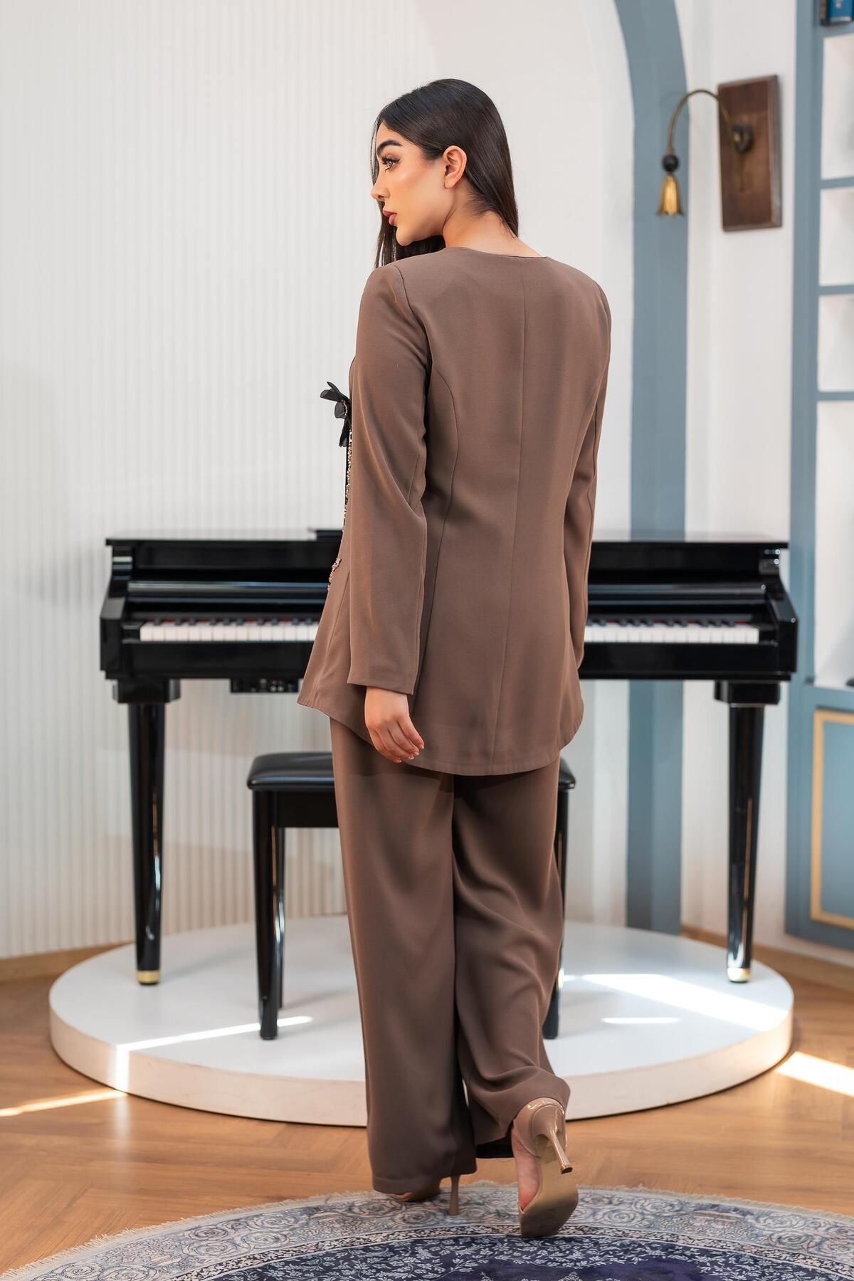 YAFA CLOTHING & ACCESSORIES-Embroidered Jacket Pants Double Suit Brown 4
