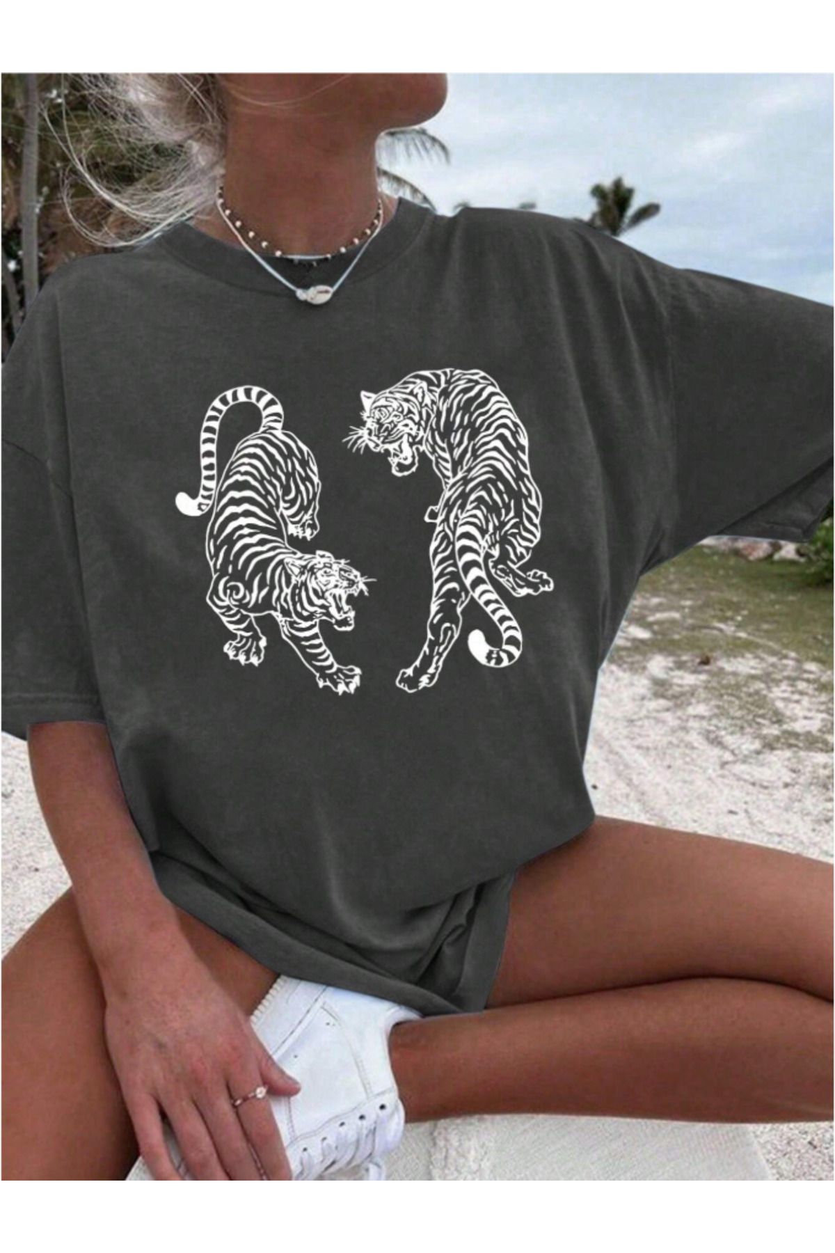 COHERENT Unisex Erkek/Kadın KAPLAN Özel Baskılı Oversize Pamuklu T-Shirt