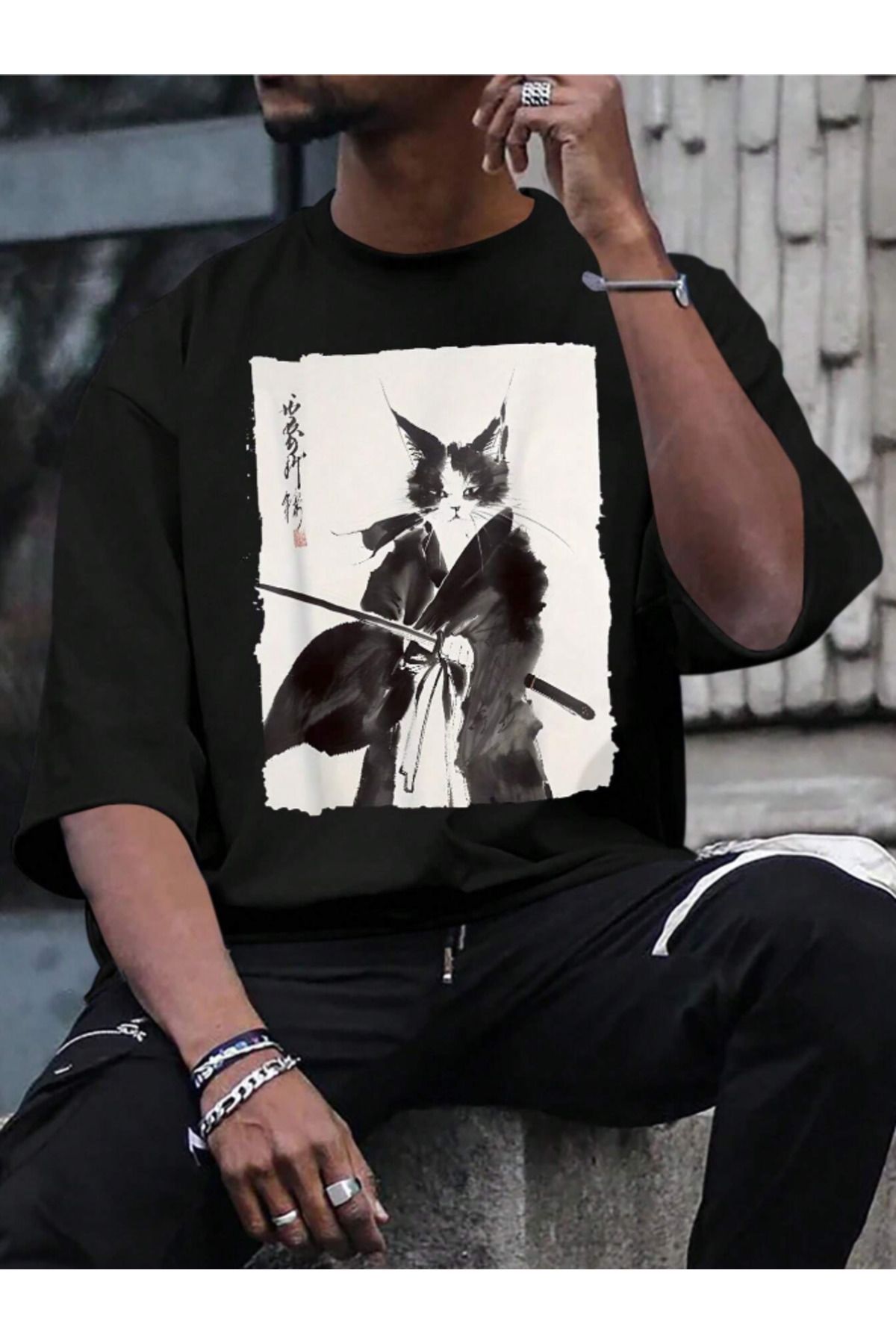 COHERENT Unisex Erkek/Kadın KEDİ Özel Baskılı Oversize Pamuklu T-Shirt