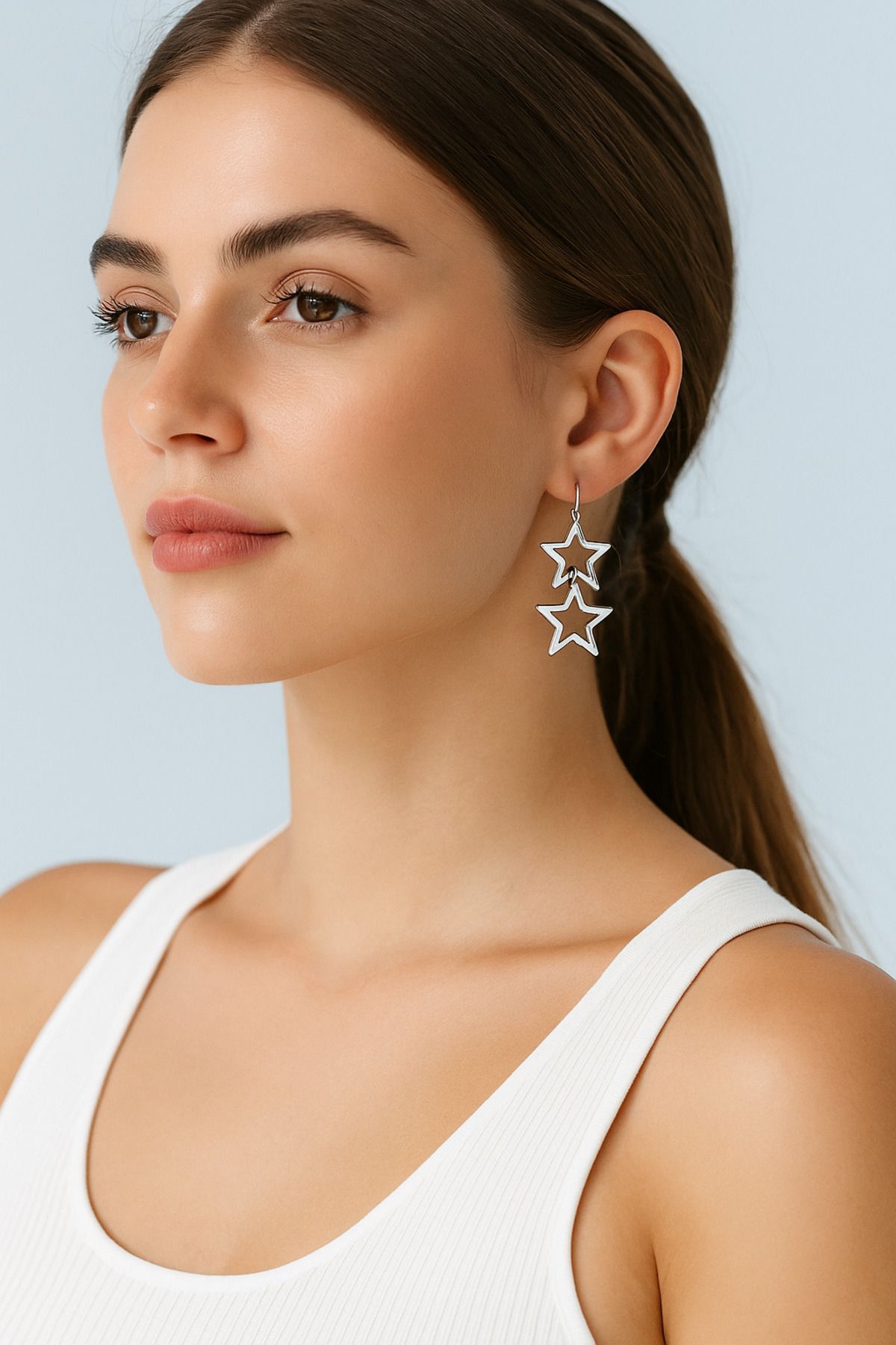 Luminos Butik Parlayan Yıldızlar: Sallantılı İkili Yıldız Küpe MK0011-GÜMÜŞ