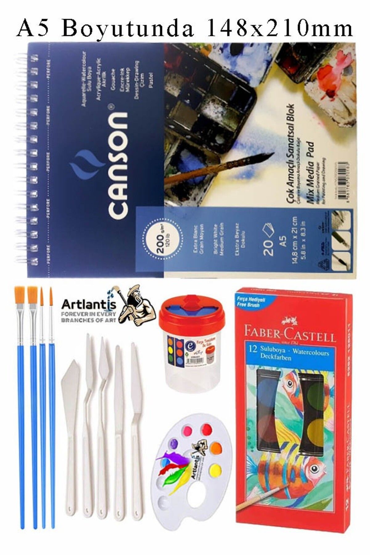 Artlantis Canson Çok Amaçlı Sanatsal Blok A5 200 gr 20 Yaprak 1 Adet 12 Renk Sulu Boya Fırça Palet Spatula Fır