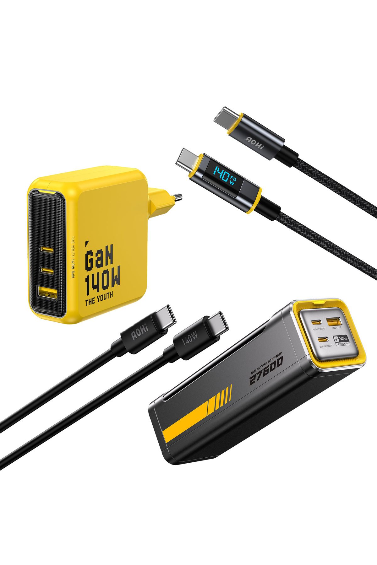 Aohi Youth 140W 3 Portlu Şarj Adaptörü, 27.600 mAh 240W PD3.1 Powerbank, 140W LED Ekranlı Naylon Örg