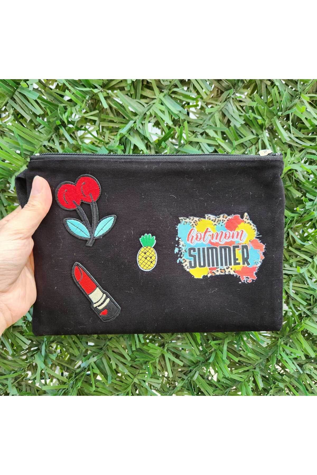 vengri Kadın Özel Tasarım Astarlı Clutch Bez Nakış Ve Armalı Portföy El Makyaj Plaj Çantası Siyah Yaz