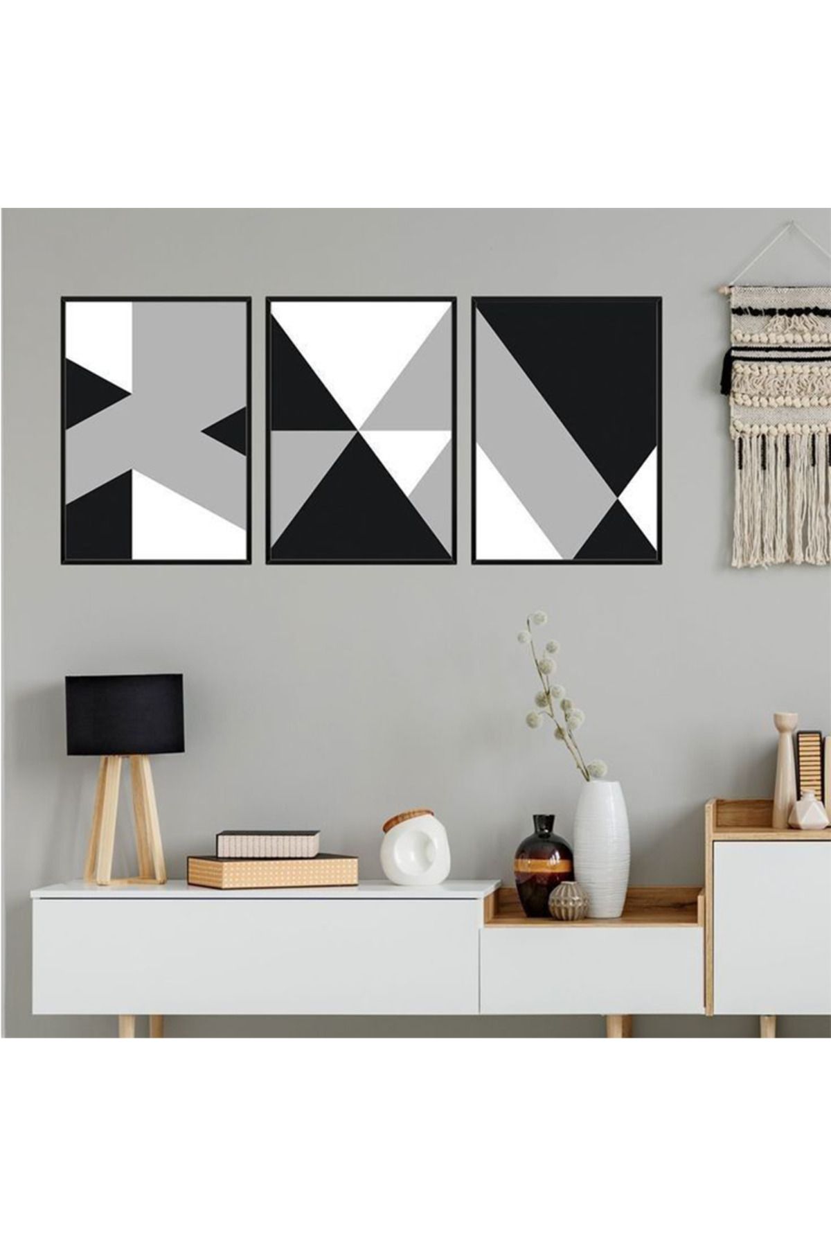 TABLOX 3 Parça Gerçek Ahşap Çerçeveli Poster Tablo Seti – Geometrik Soyut Temalı Dekoratif Tasarım Hediye