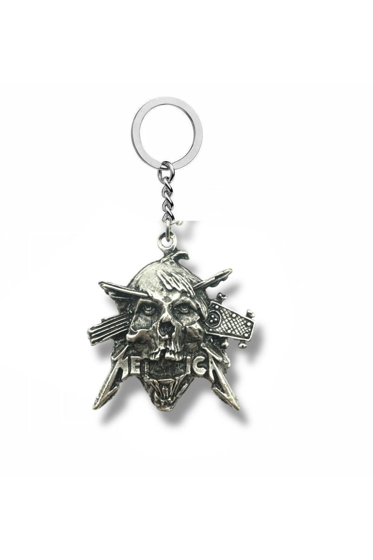 Herşey Nota Metallica Guitarhead Kuru Kafa Figürlü Gümüş Renk Unisex Metal Anahtarlık – Rock ve Metal Aksesuar