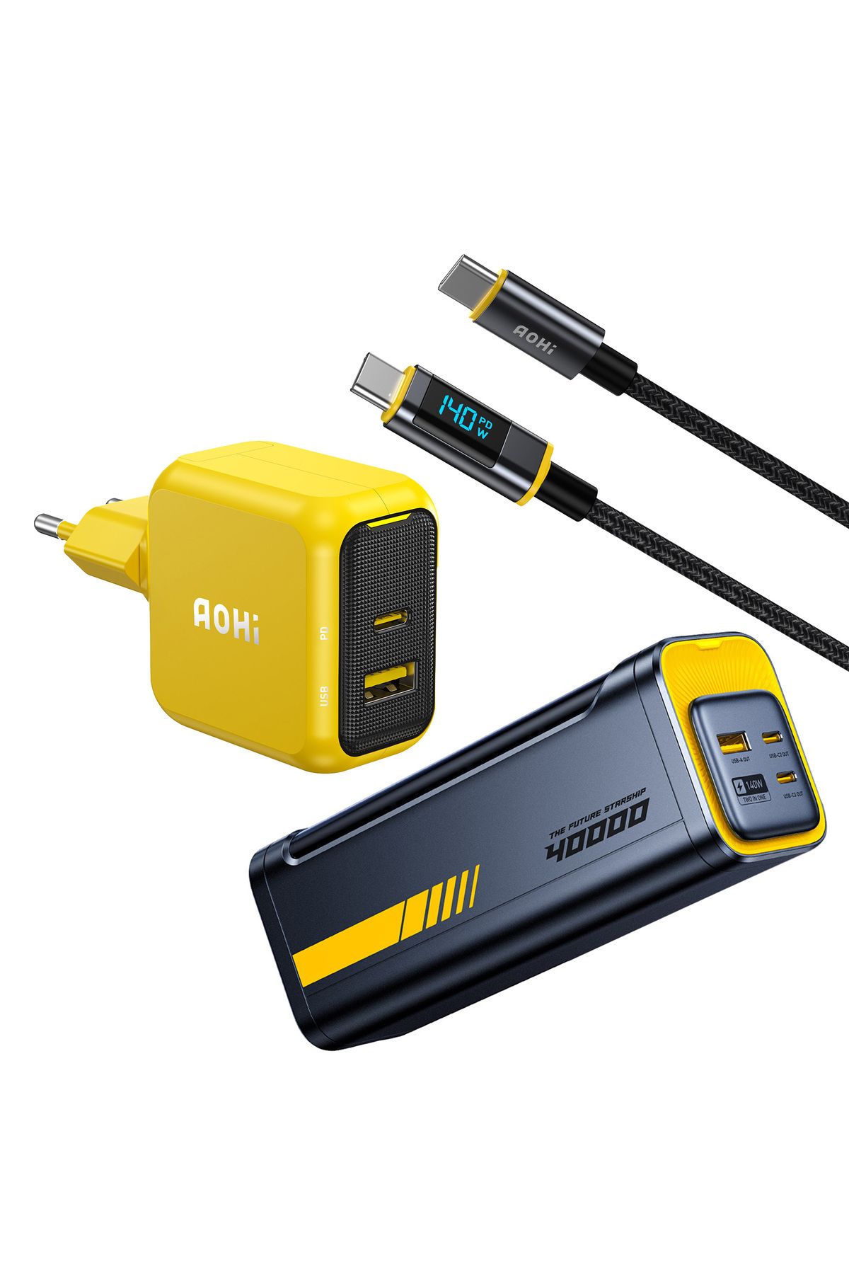 Aohi Magcube 67W 2 Portlu Şarj Adaptörü, 40.000 mAh 140W PD3.1 Powerbank, 140W LED Ekranlı Naylon Ör