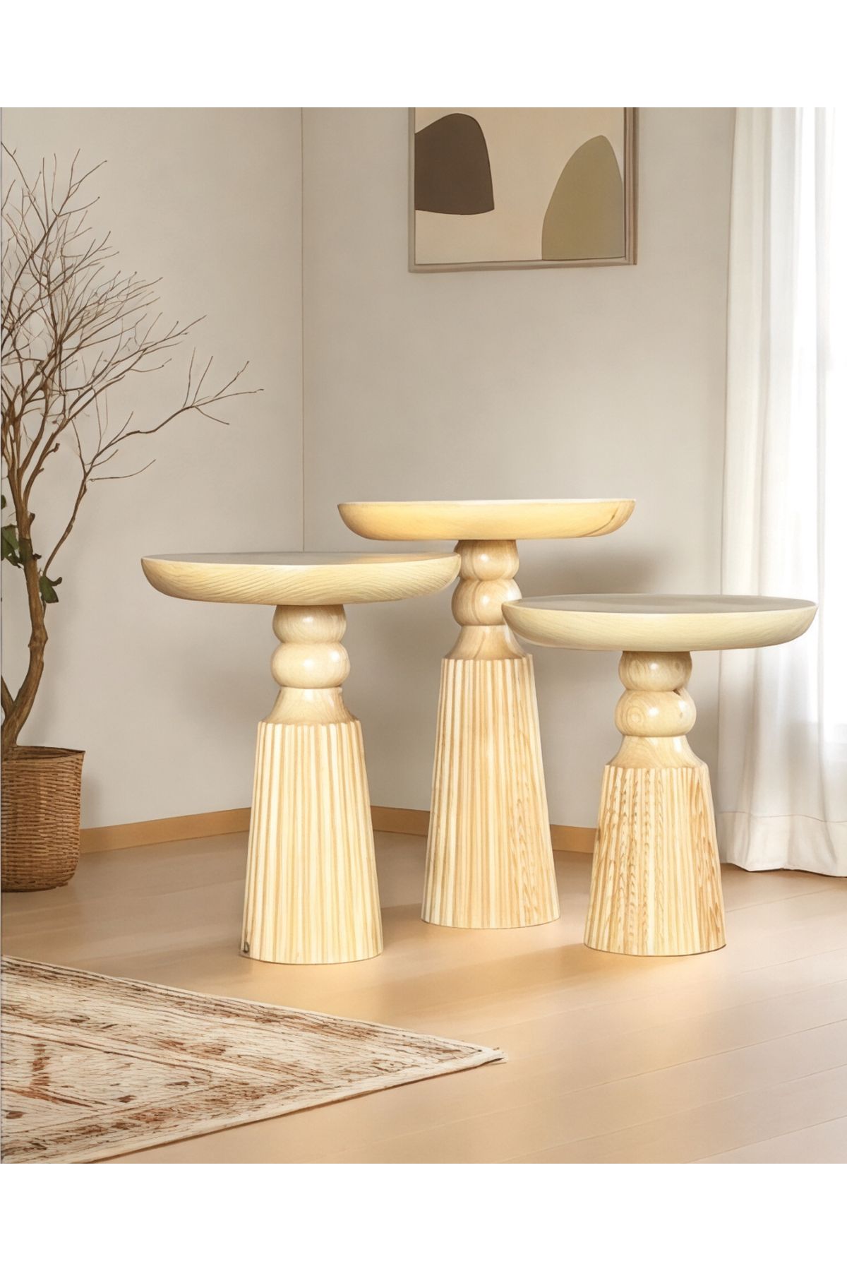 ASELYA HOME Doğal Ahşap 3’lü Set Mantar Yan Sehpa Modern Vernikli Fiskos Zigon Çiçeklik