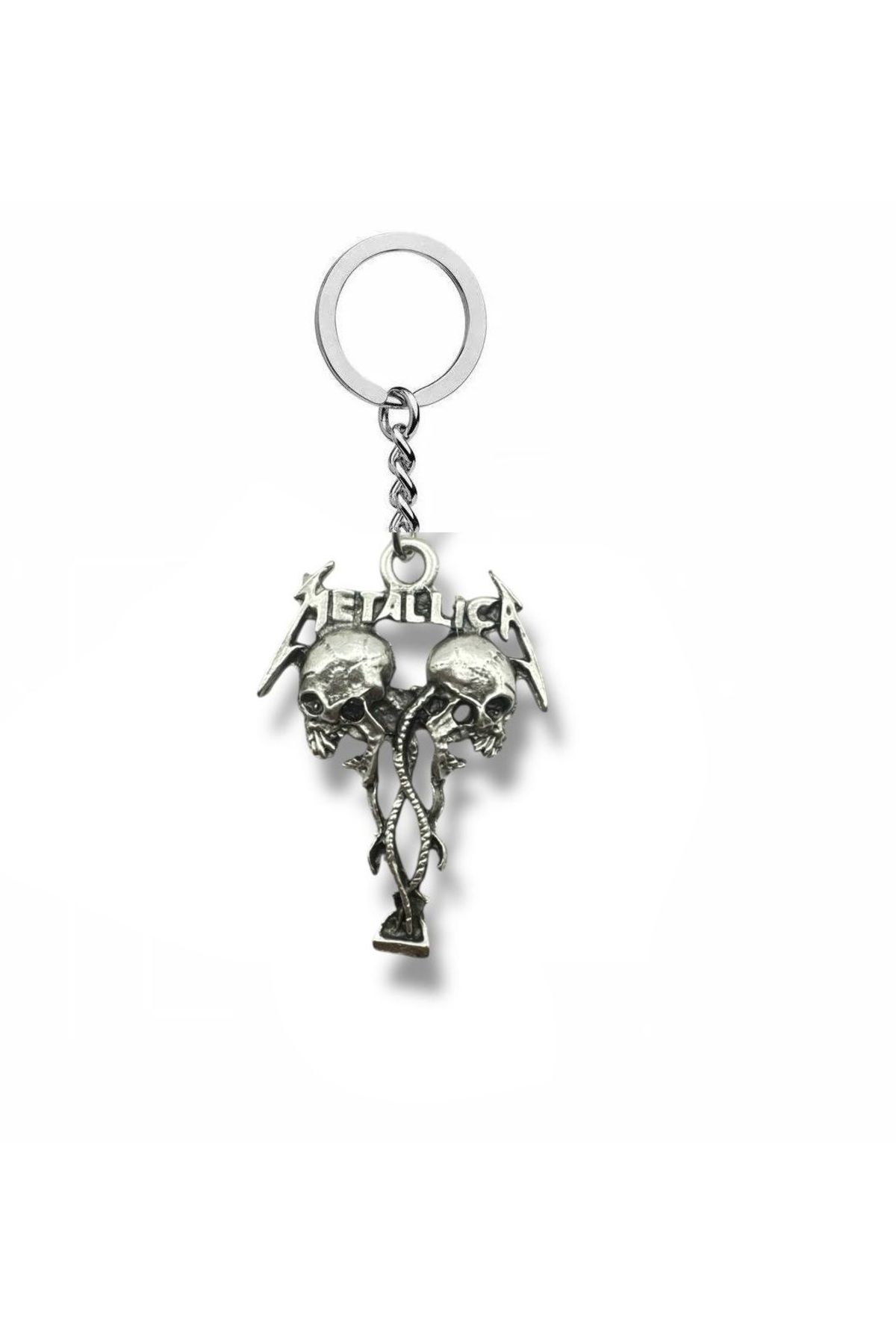 Herşey Nota Metallica İki İskelet Kafalı Gümüş Renk Unisex Metal Anahtarlık – Rock ve Metal Aksesuar