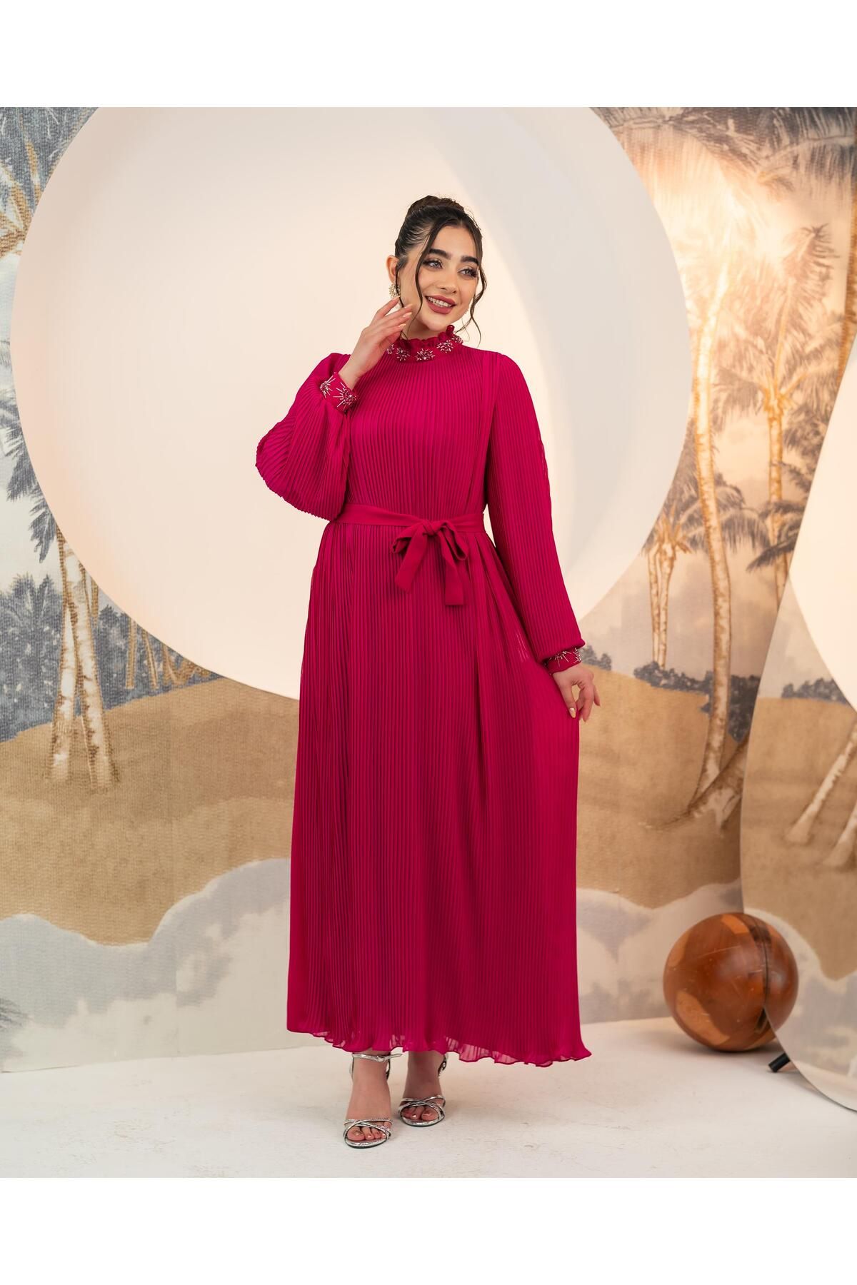 YAFA CLOTHING & ACCESSORIES Pliseli Şifon Elbise Fuşya