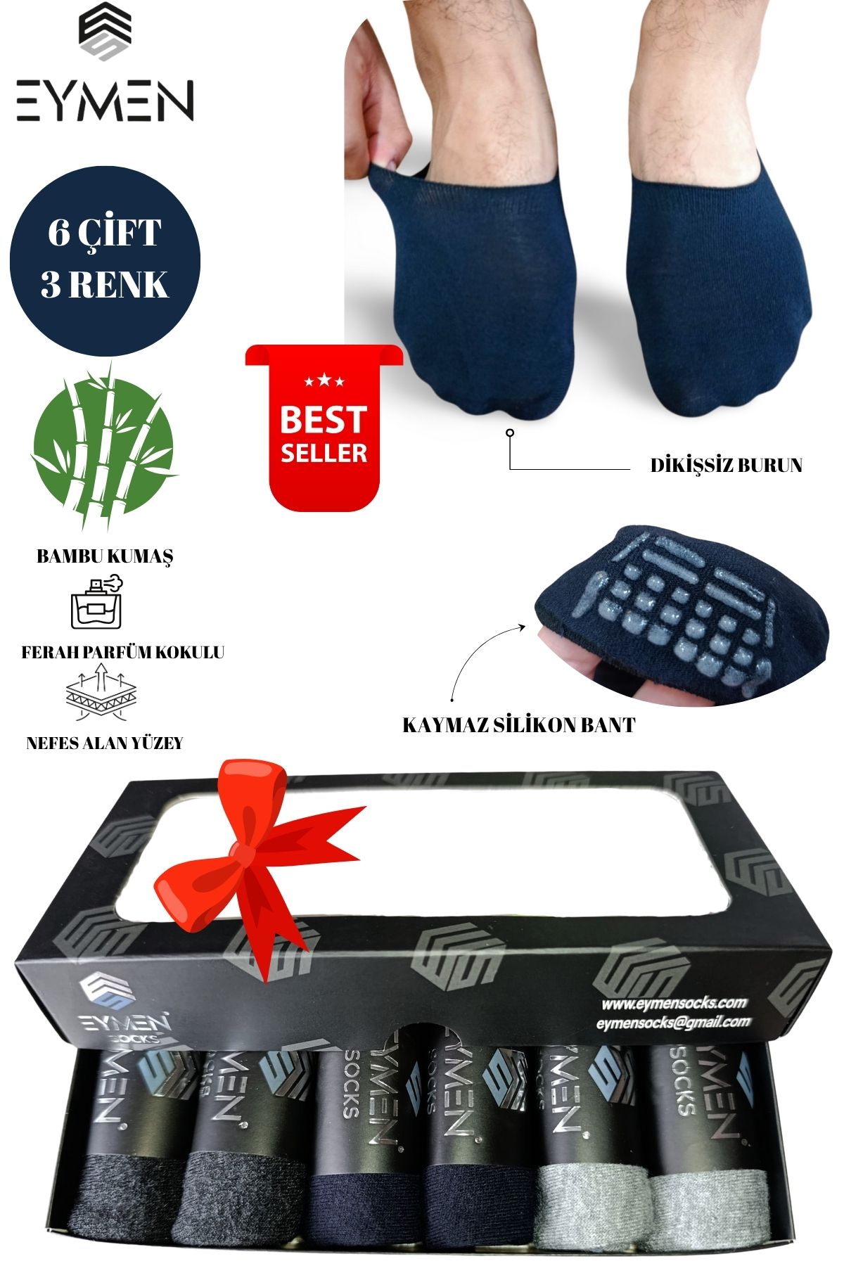Eymen Socks 6'lı Kutulu Erkek Bambu Babet Çorap | Kaymaz Silikon Bantlı | Siyah Gri Lacivert