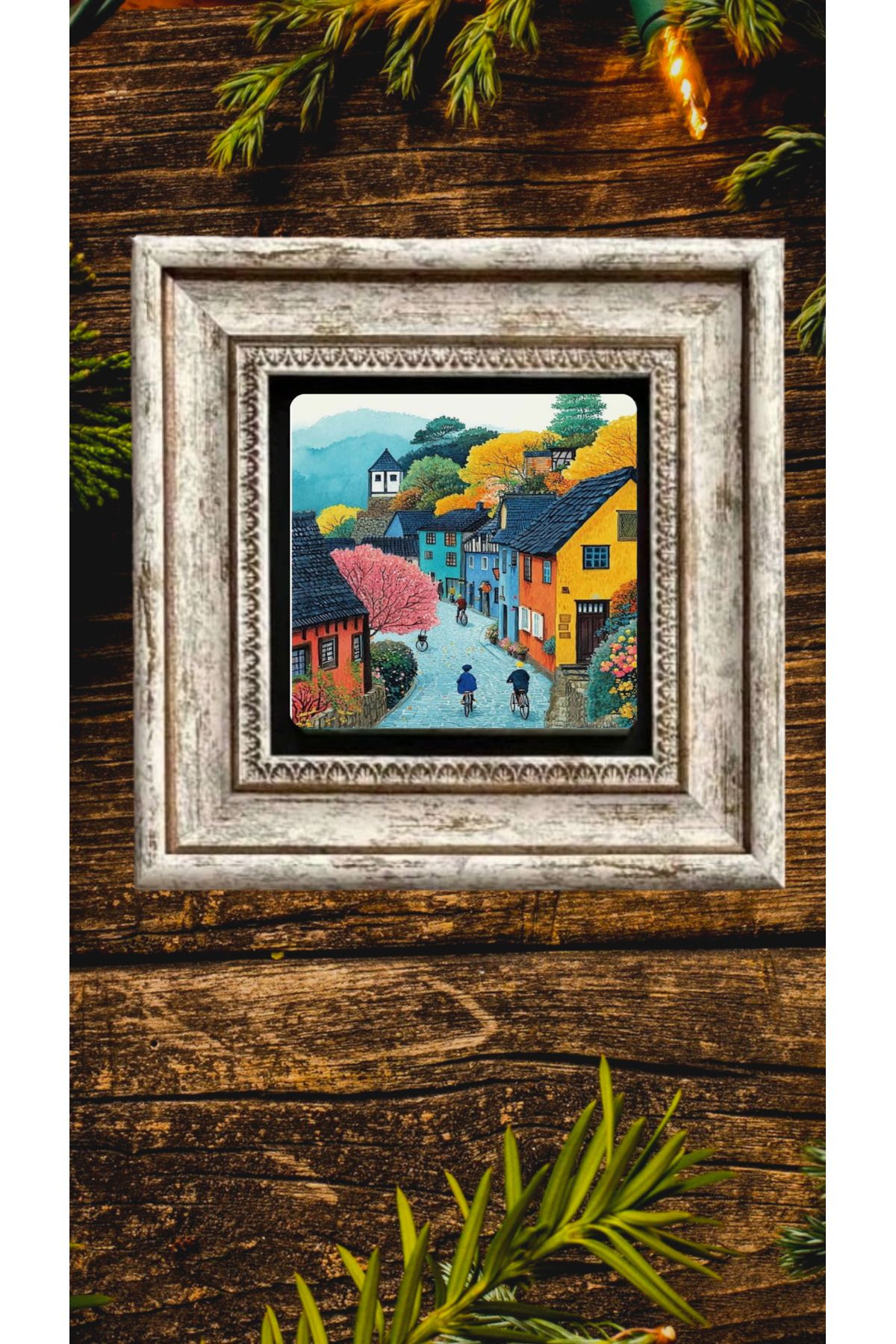 STONEVİVEART Küçük Evler Doğal Taş Tablo 20x20Cm Duvar DekorU