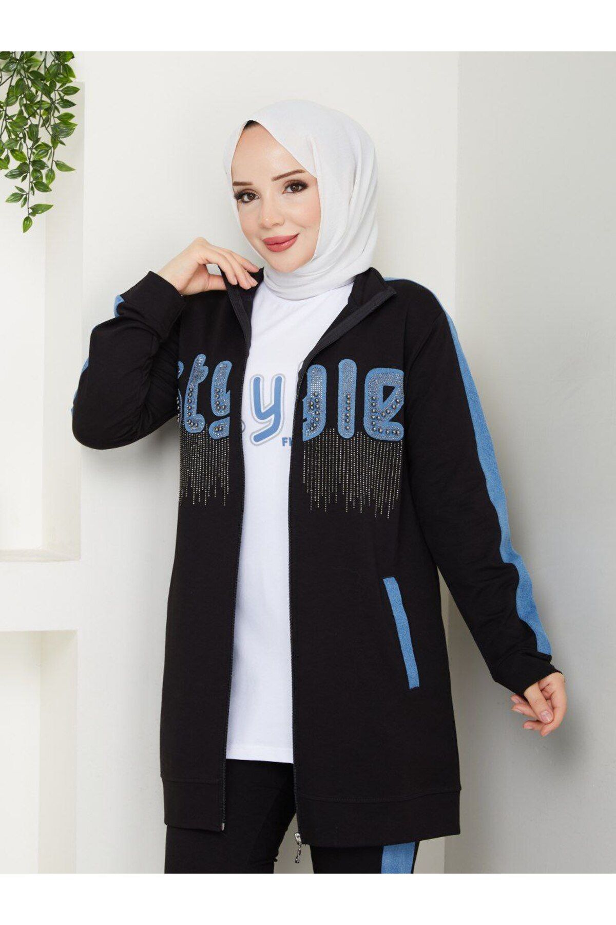moda4b lü Spor Tesettür Takım - Pamuk ve Denim Detaylı Günlük Kombin'3 n-05442 _ siyah