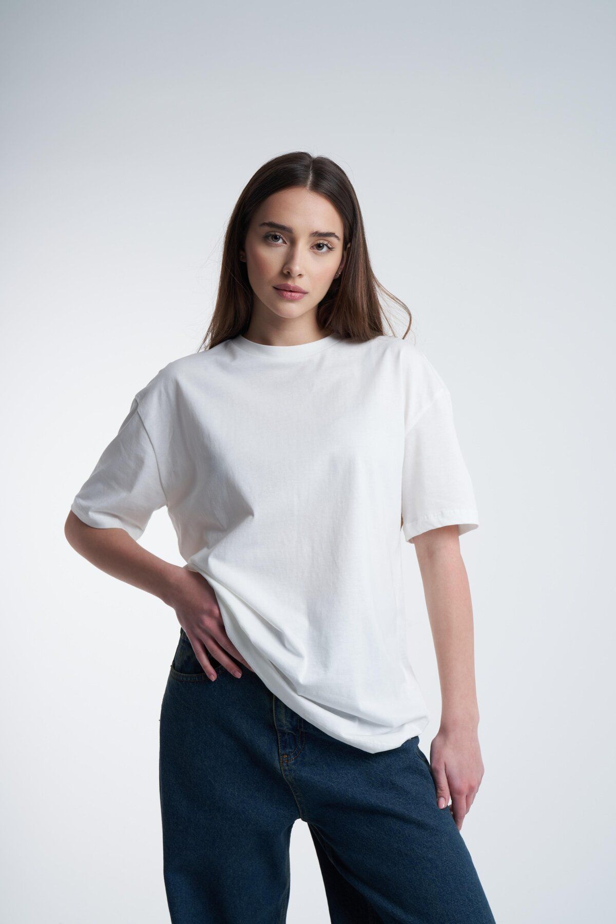 Rokeby Premium Kalite Pamuk Penye - Oversize Kadın Tişört – Yazlık Boyfriend – Beyaz Basic T-shirt