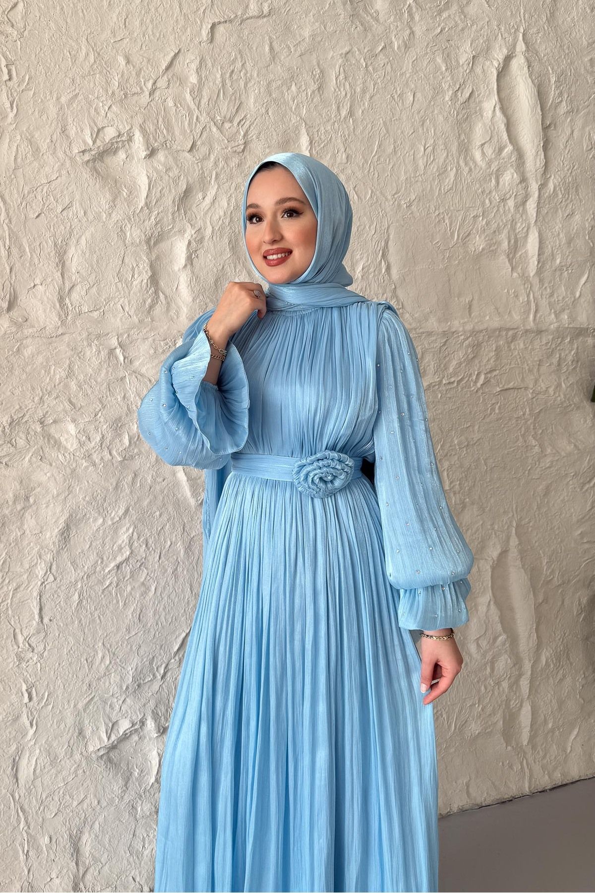 Rimel Moda Maria İpek Taşlı Elbise Bebe Mavi