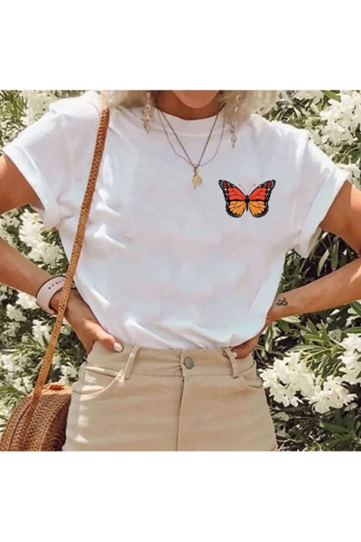 Rokeby Premium Kalite Oversize Kadın Tişört - %100 Pamuk Penye – Yazlık – Kelebek Baskılı – Beyaz T-shirt