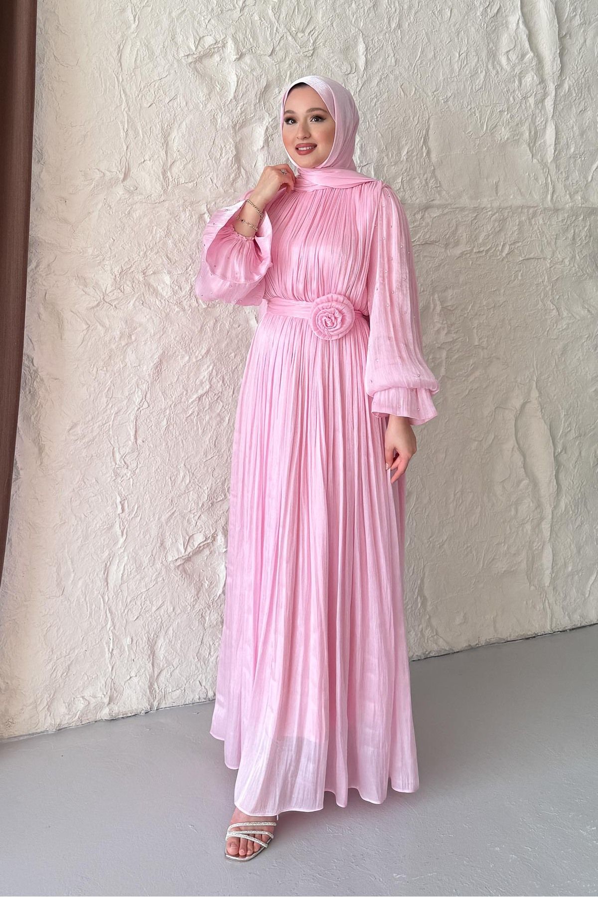 Rimel Moda Maria İpek Taşlı Elbise Pembe