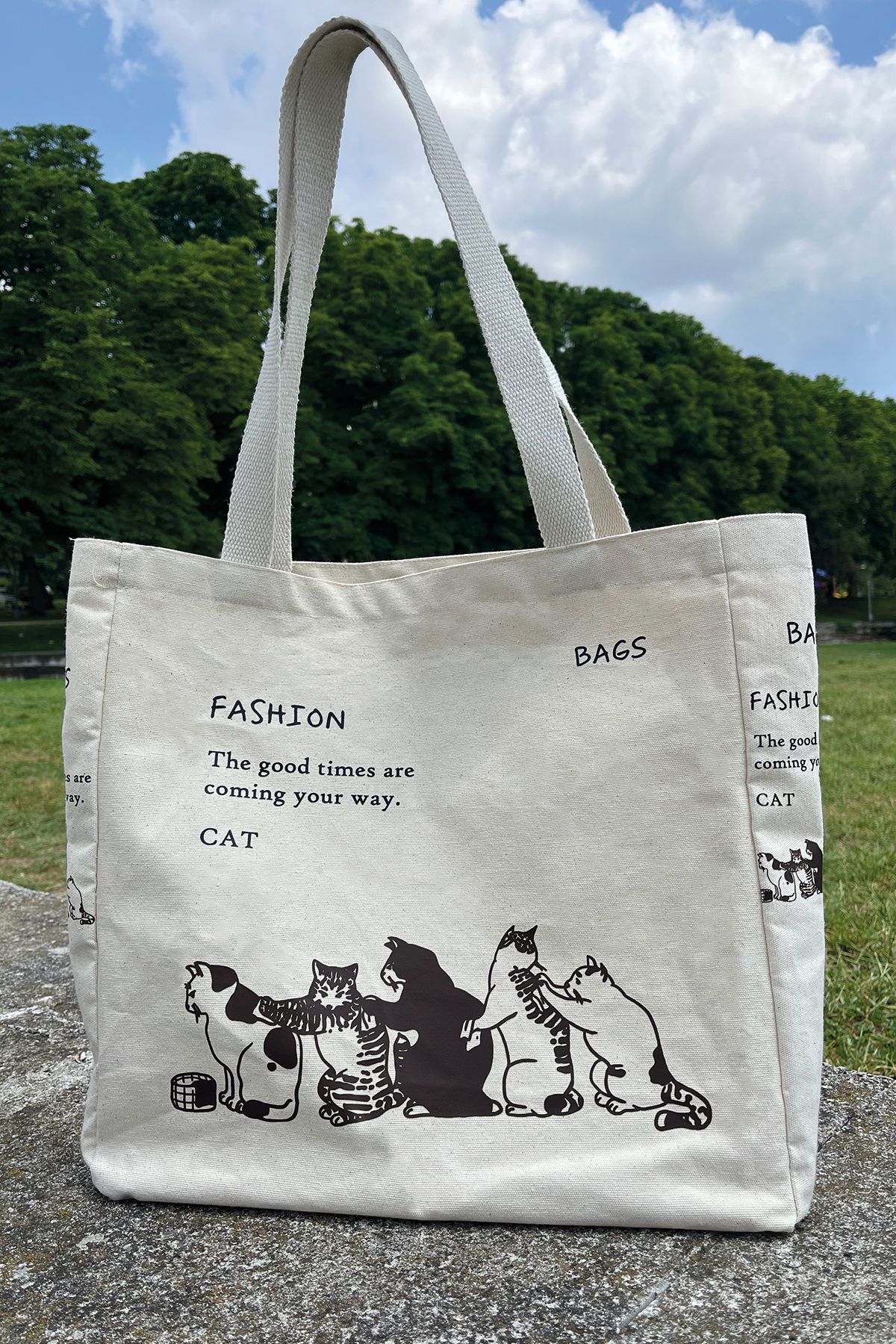 Bagari CAT Kedi Baskılı Kanvas Bez Çanta – İç Cepli, Çıtçıtlı, Baskılı ve Yıkanabilir Dayanıklı Tasarım