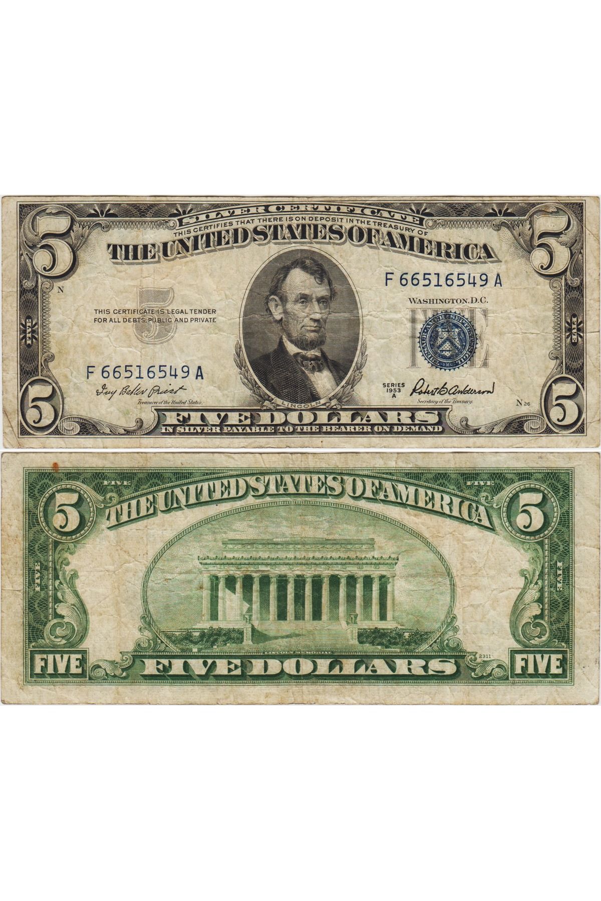 Banknoting AMERİKA BİRLEŞİK DEVLETLERİ 5 DOLAR 1953 A MAVİ MÜHÜR. TEMİZ+ KONDİSYON.2