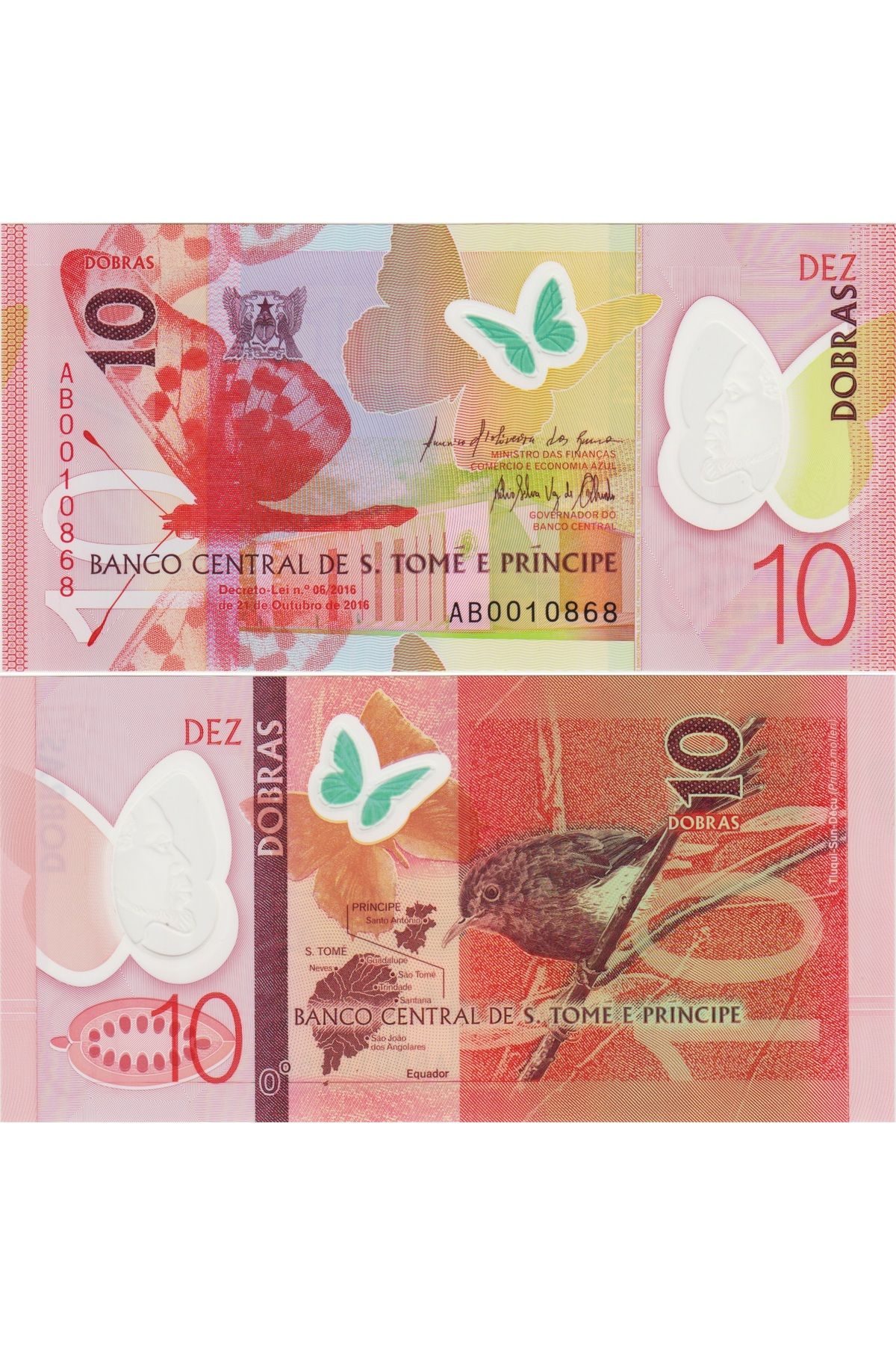 Banknoting SAO TOME VE PRİNCİPE 10 DOBRA 2016 POLYMER. AA SERİSİ DÜŞÜK NO AA 0010868. ÇİL KONDİSYON.